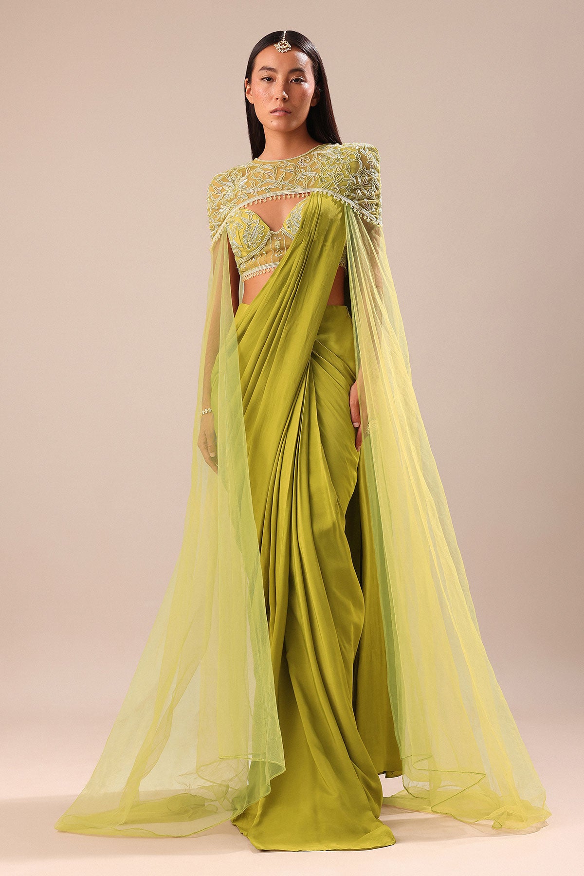 Green Pre Stitched Saree With Blouse And Zardozi Draped Cape