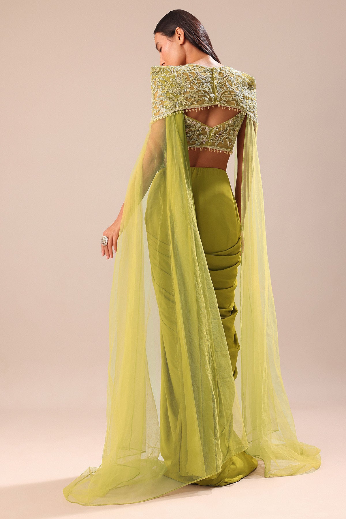 Green Pre Stitched Saree With Blouse And Zardozi Draped Cape