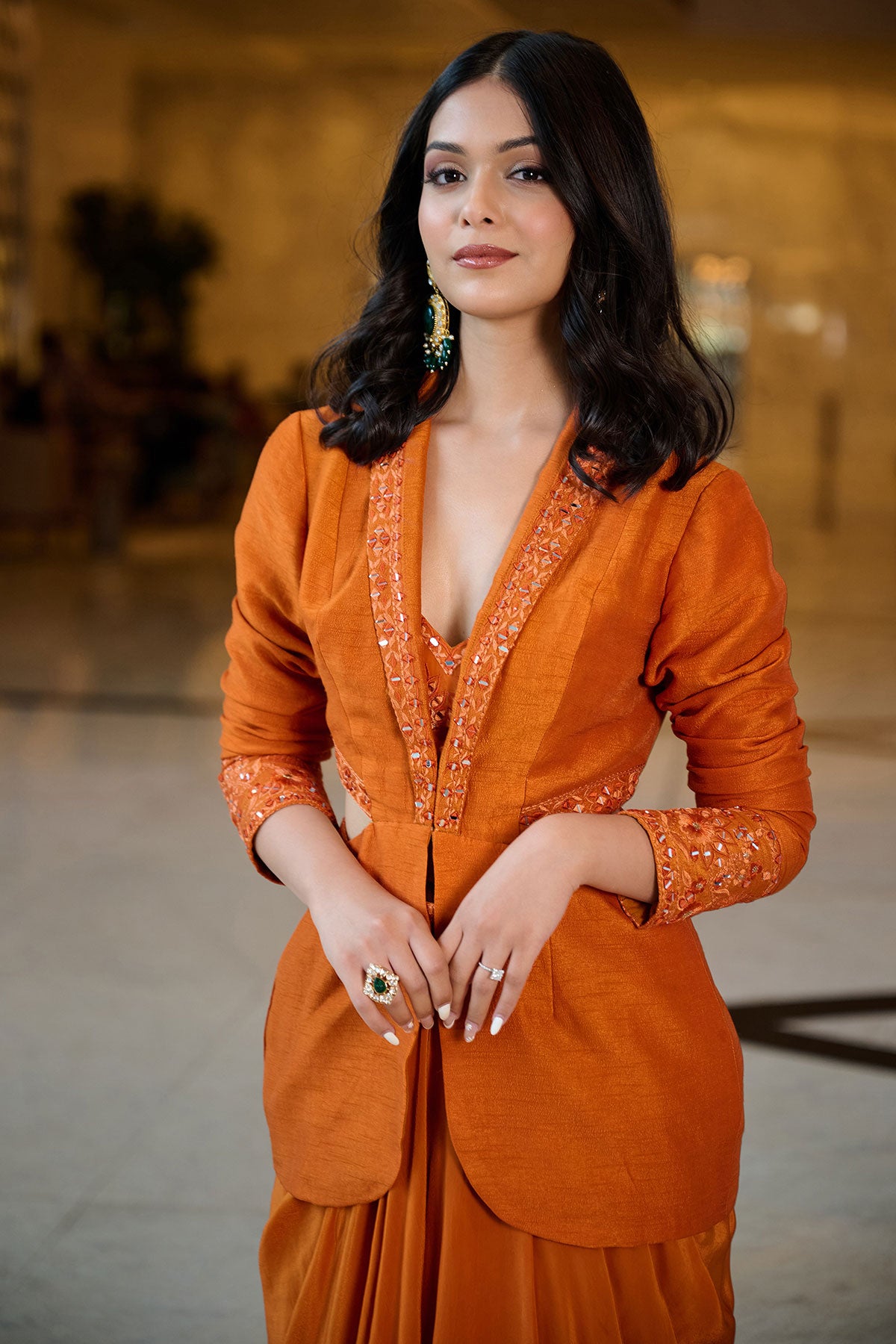Rust Organza Jacket With Bustier And Draped Skirt