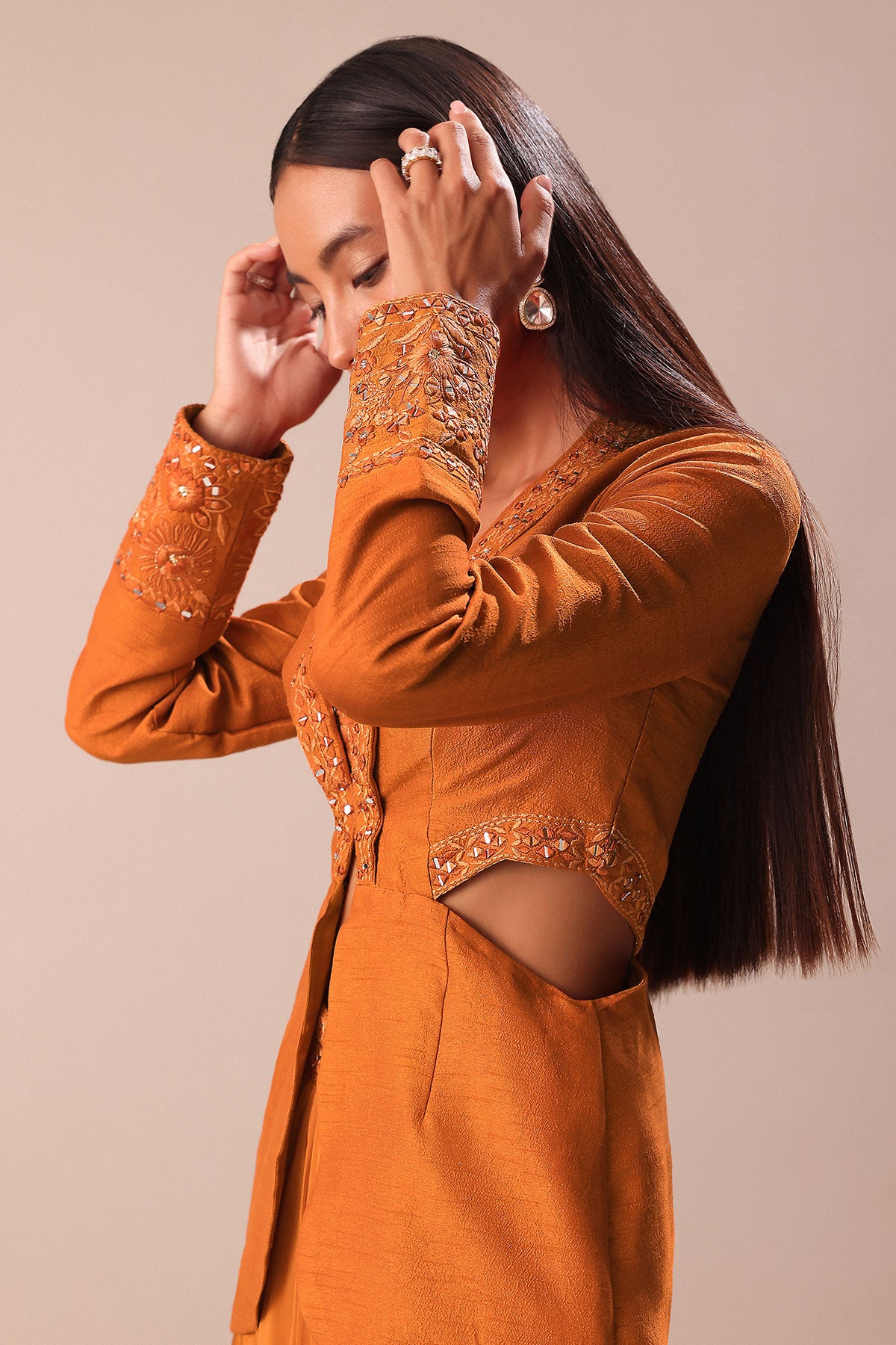 Rust Organza Jacket With Bustier And Draped Skirt