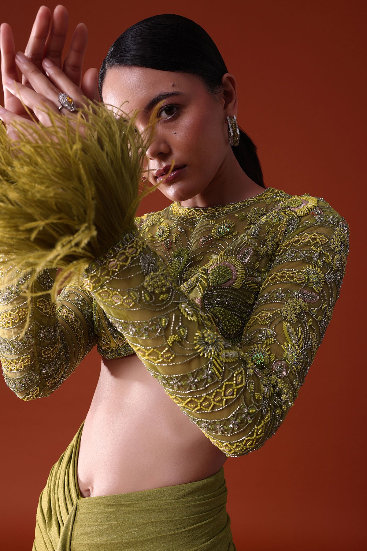 Citrus Green Satin Net Draped Trail Skirt With Feather Embellished Bustier