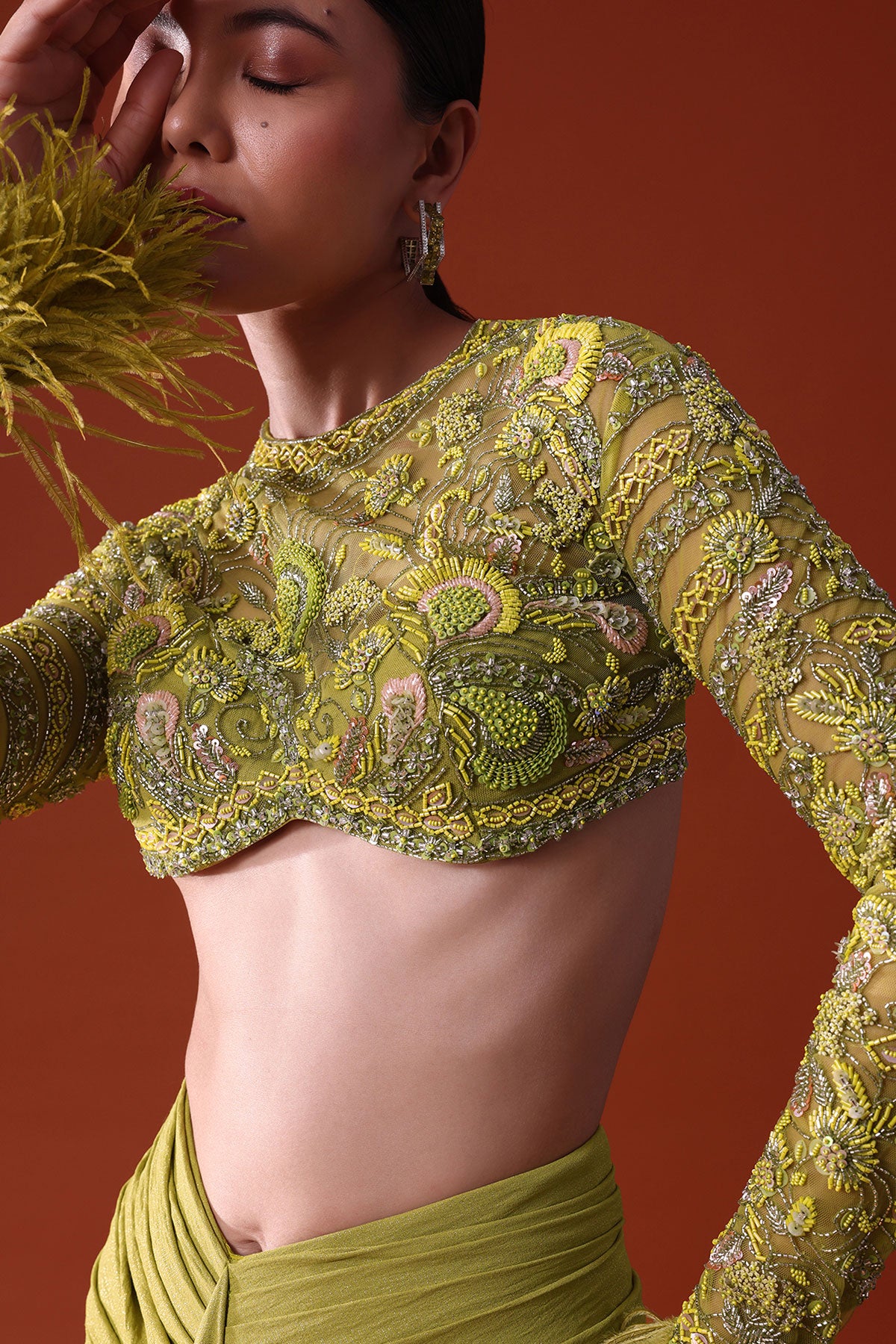 Citrus Green Satin Net Draped Trail Skirt With Feather Embellished Bustier