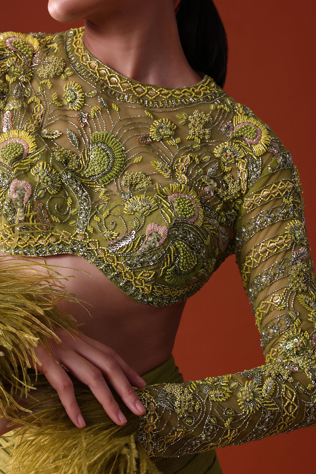 Citrus Green Satin Net Draped Trail Skirt With Feather Embellished Bustier