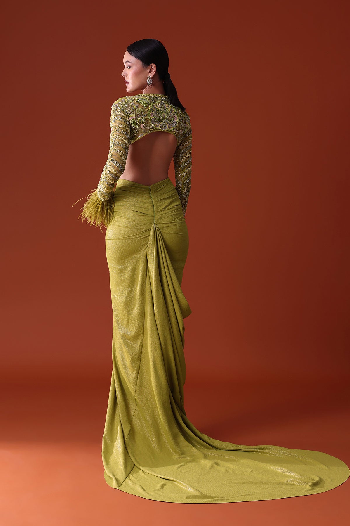 Citrus Green Satin Net Draped Trail Skirt With Feather Embellished Bustier