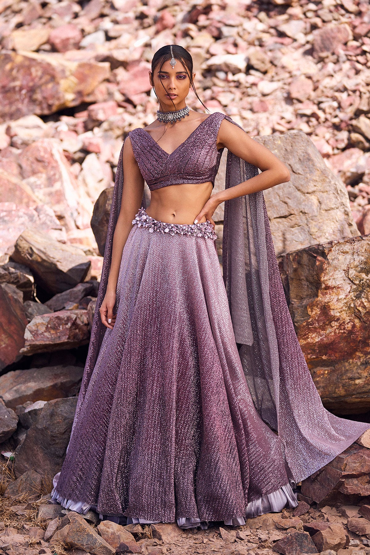 Lilac Crushed Shimmer Lehenga With Blouse And Cape