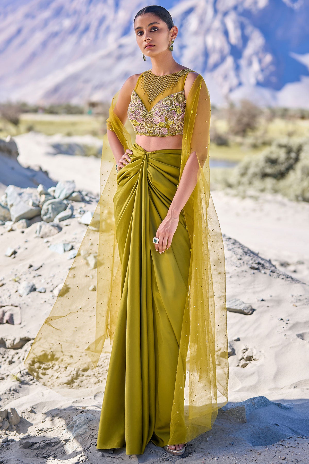 Green Satin Drape Skirt With Embroidered Blouse And Net Cape
