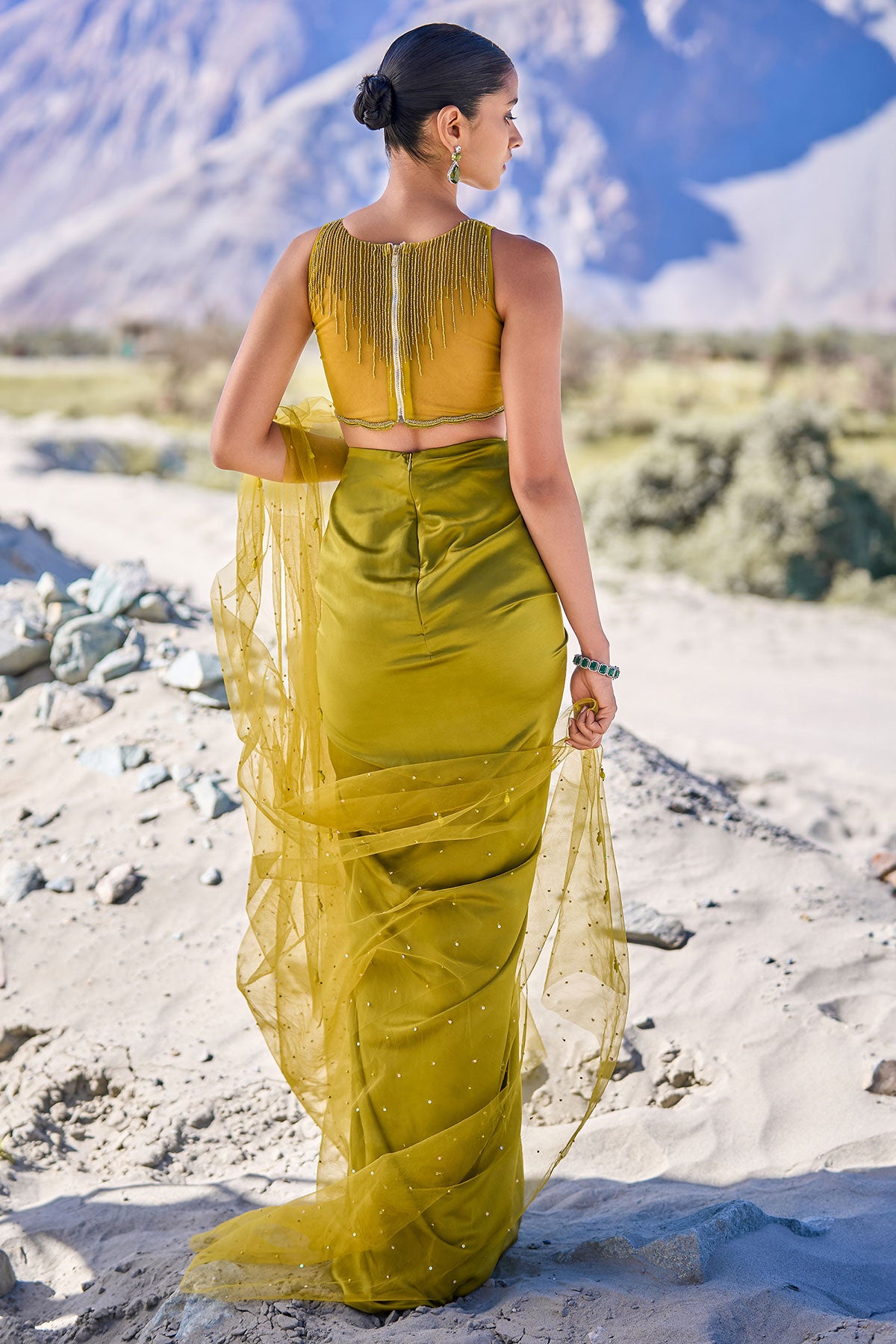Green Satin Drape Skirt With Embroidered Blouse And Net Cape
