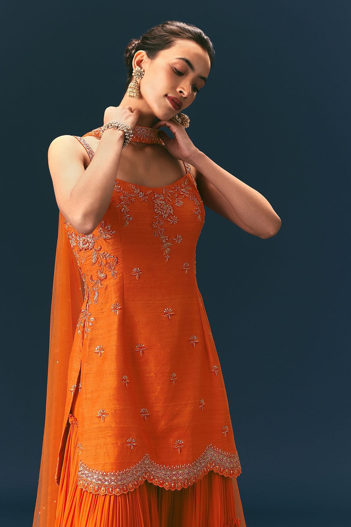 Orange Raw Silk Hand Work Kurti Sharara With Choker Dupatta