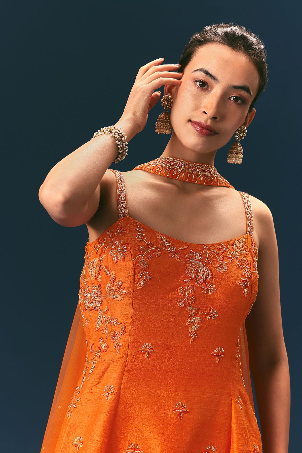 Orange Raw Silk Hand Work Kurti Sharara With Choker Dupatta