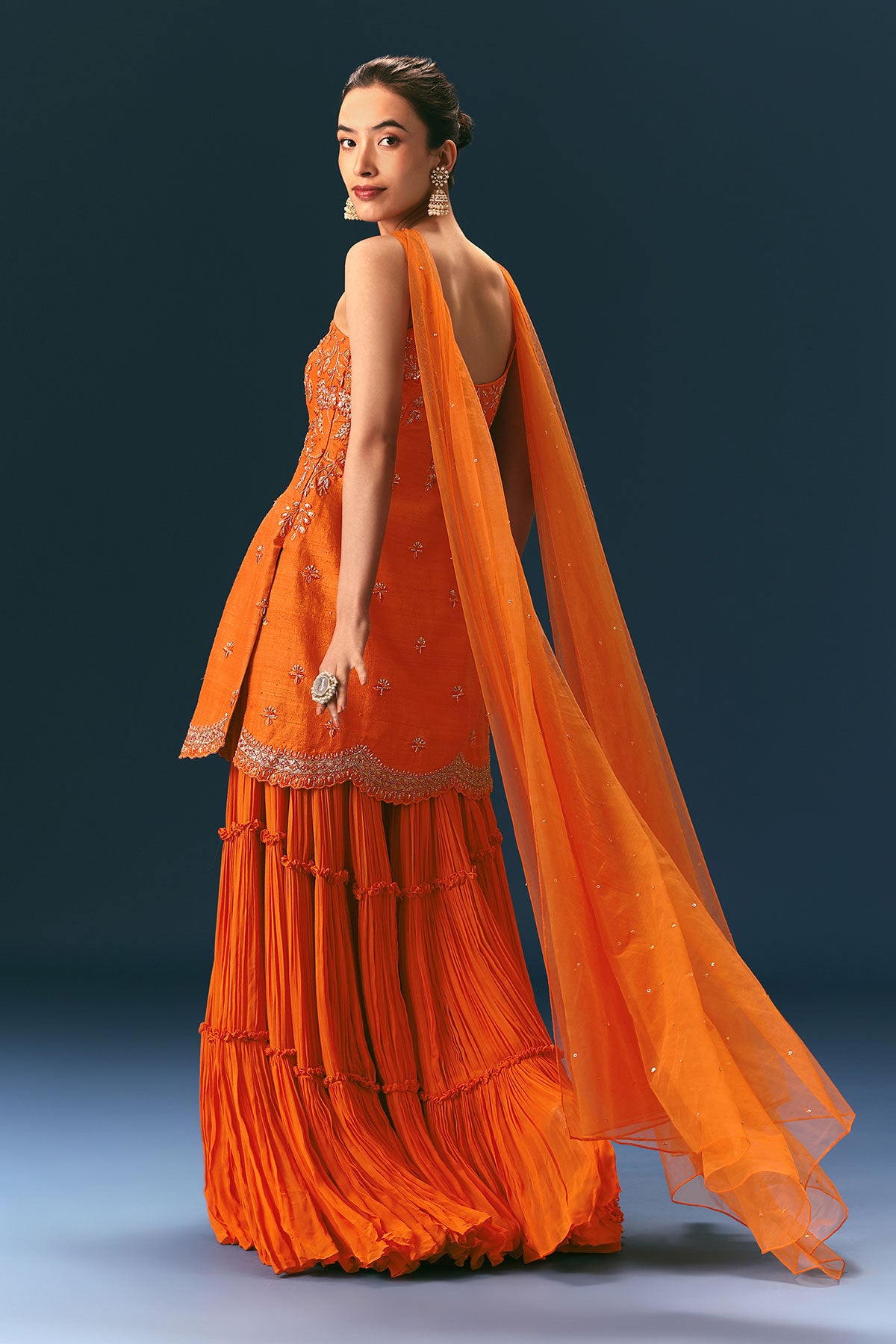 Orange Raw Silk Hand Work Kurti Sharara With Choker Dupatta