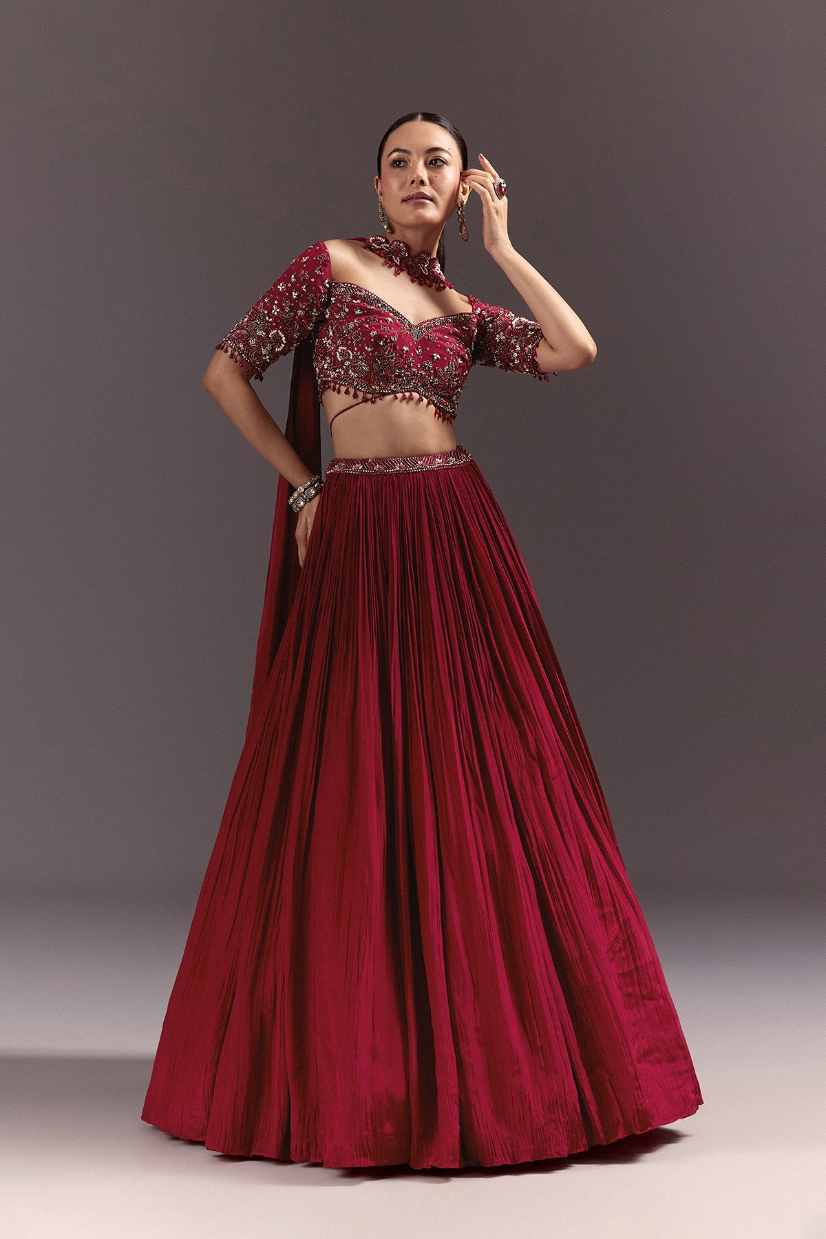 Red Crepe Hand Embroidered Lehenga Set With Dupatta
