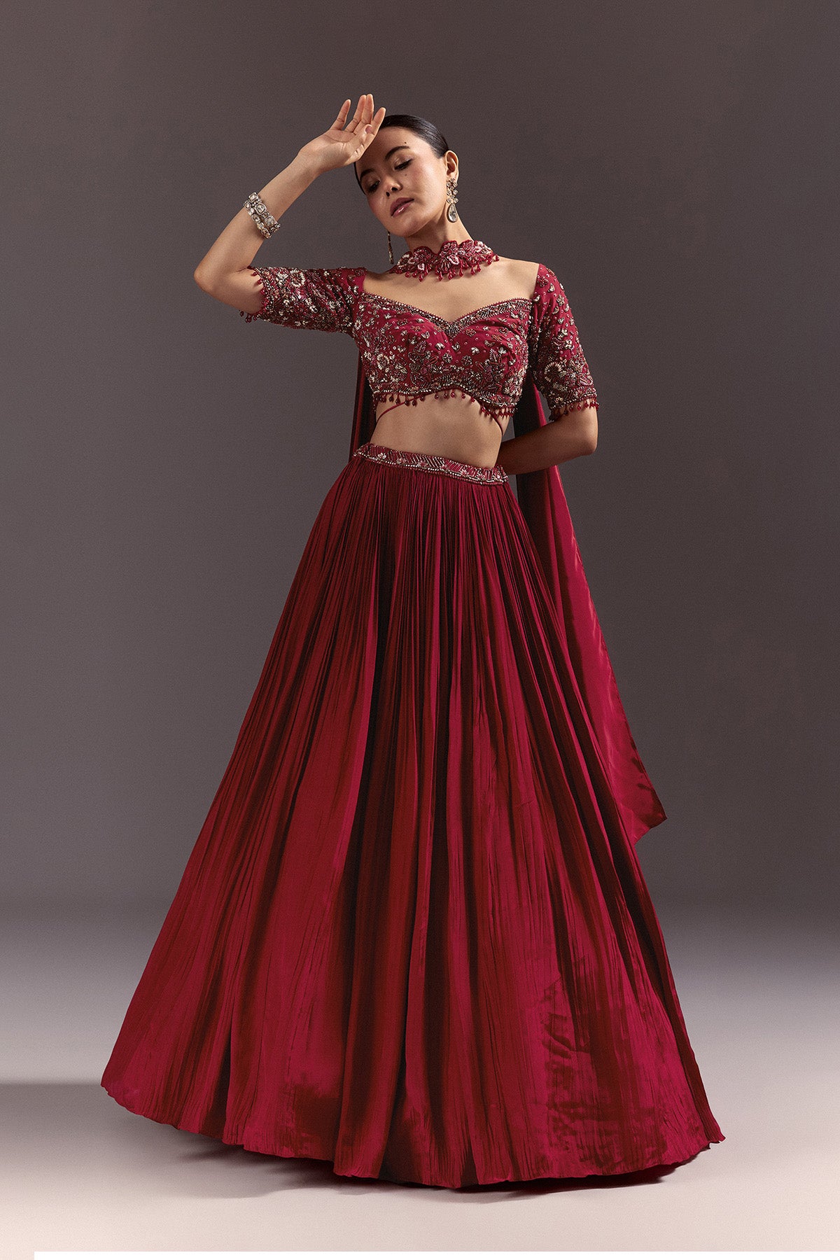 Red Crepe Hand Embroidered Lehenga Set With Dupatta