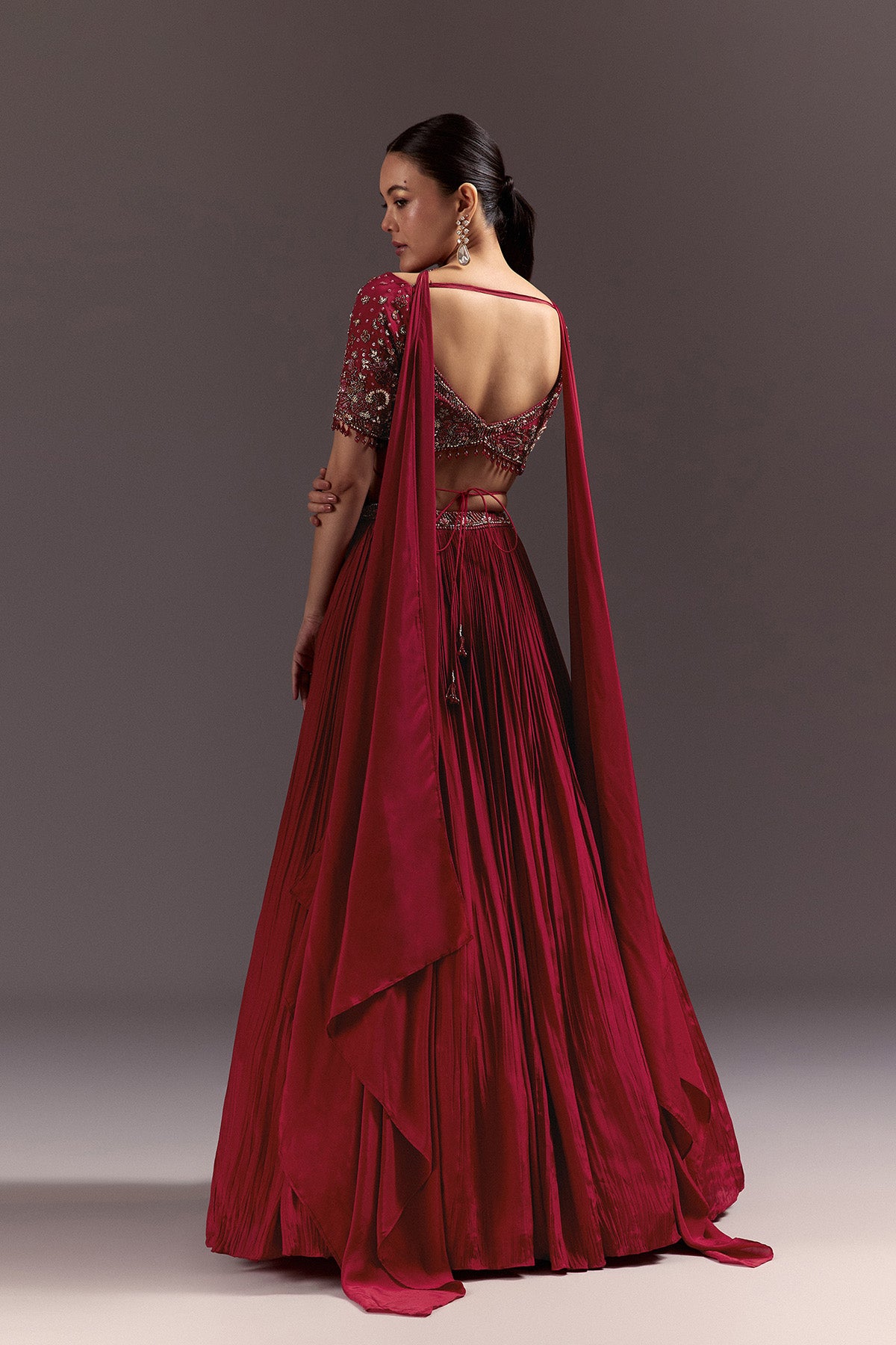 Red Crepe Hand Embroidered Lehenga Set With Dupatta