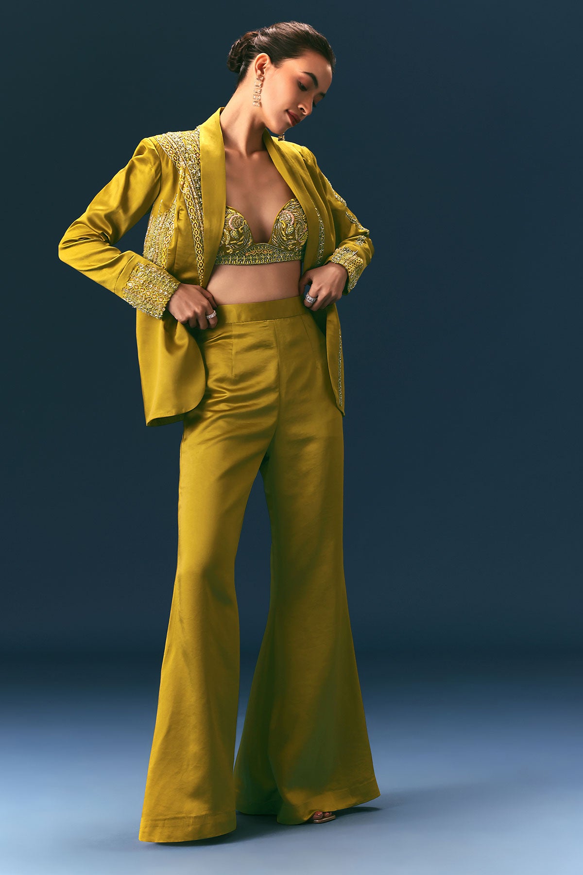 Mehendi Green Hand Embroidered Blouse With Jacket And Bell Bottom Pants