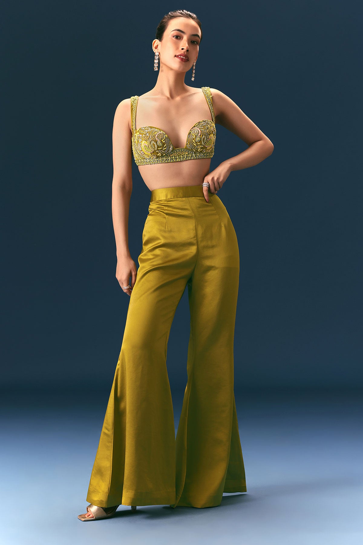 Mehendi Green Hand Embroidered Blouse With Jacket And Bell Bottom Pants