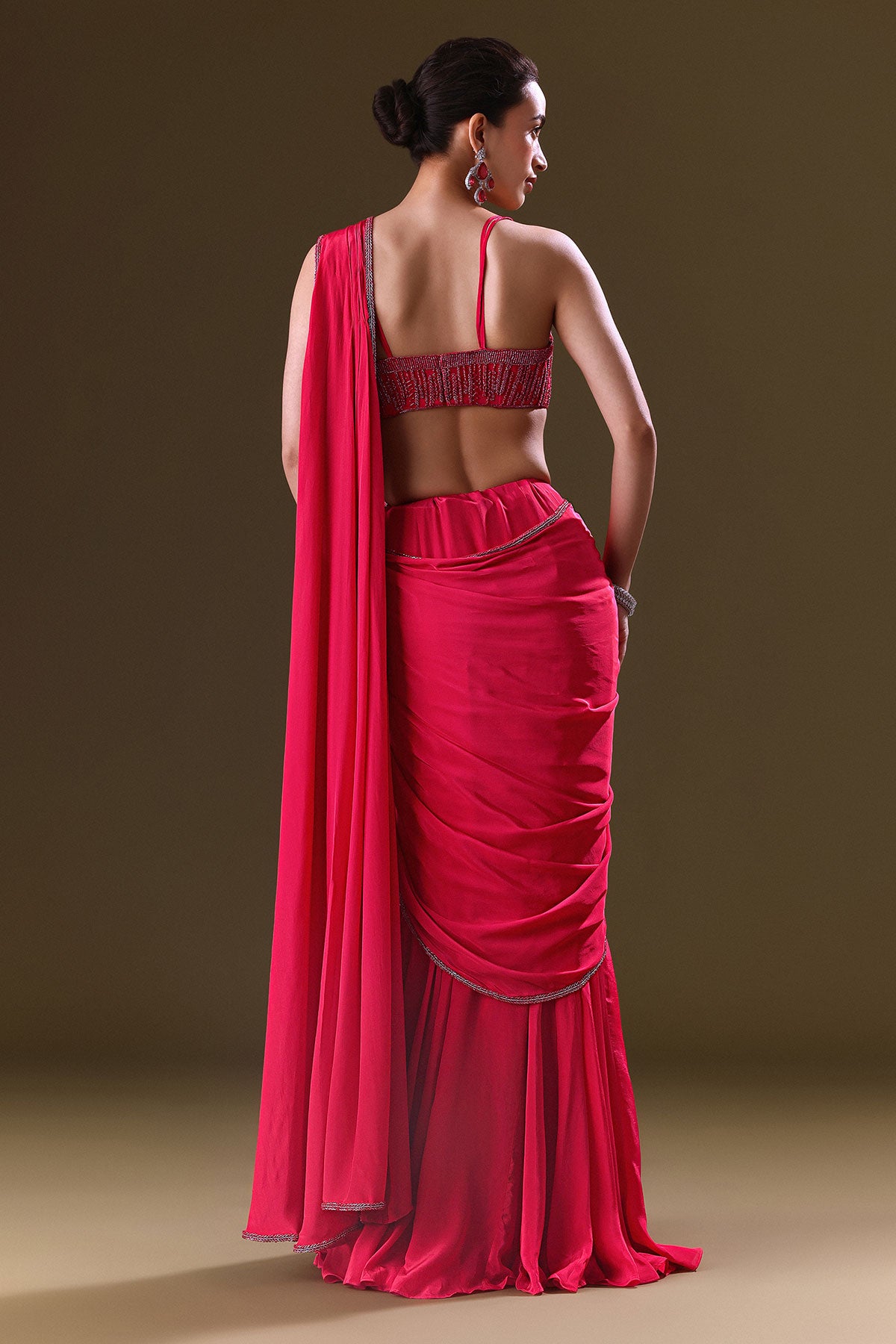 Reddish Pink Pre Stitched Draped Saree With Corset Fit Embroidered Blouse