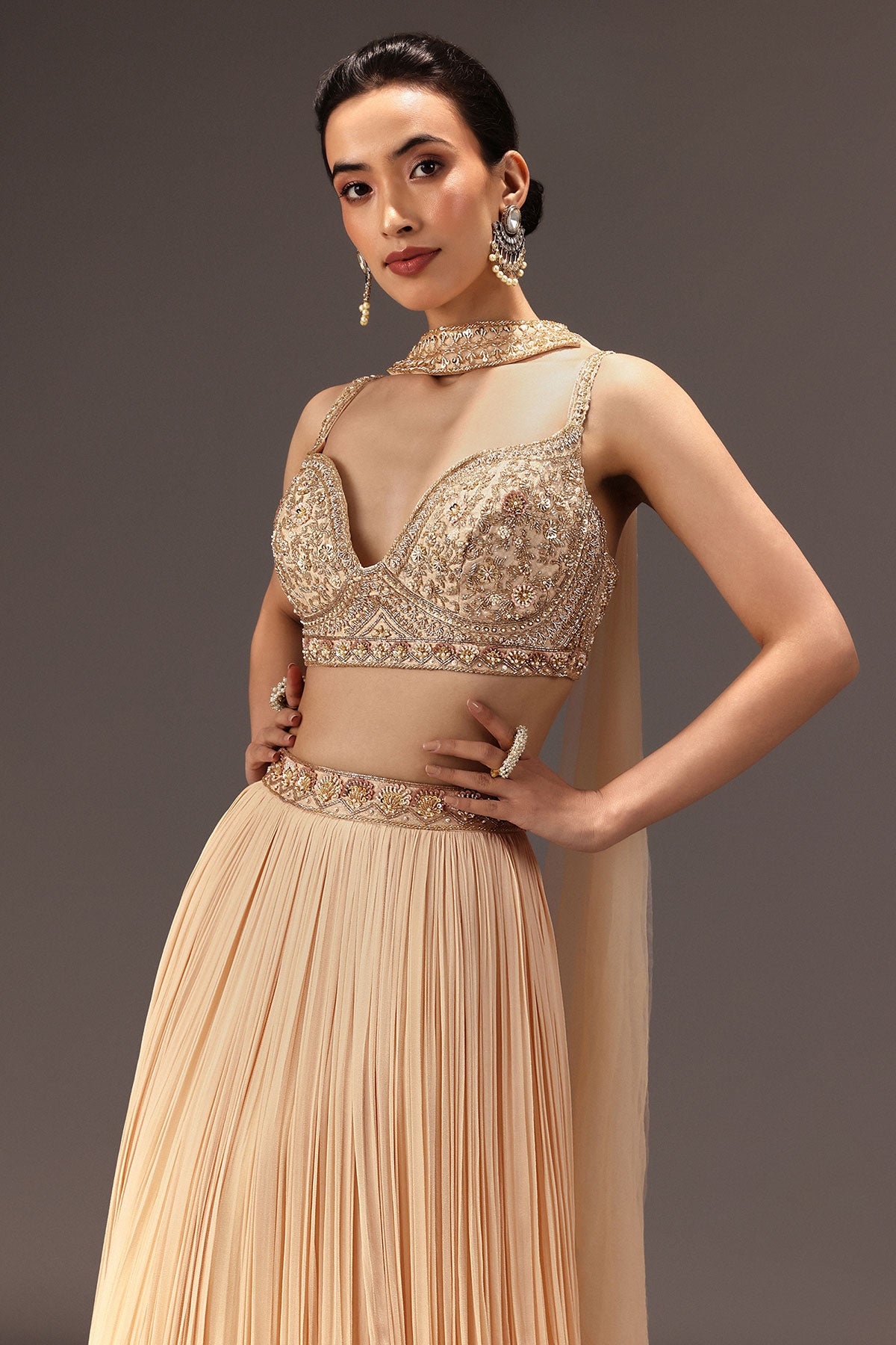Cream Ruched Lehenga Set With Hand Embroidery