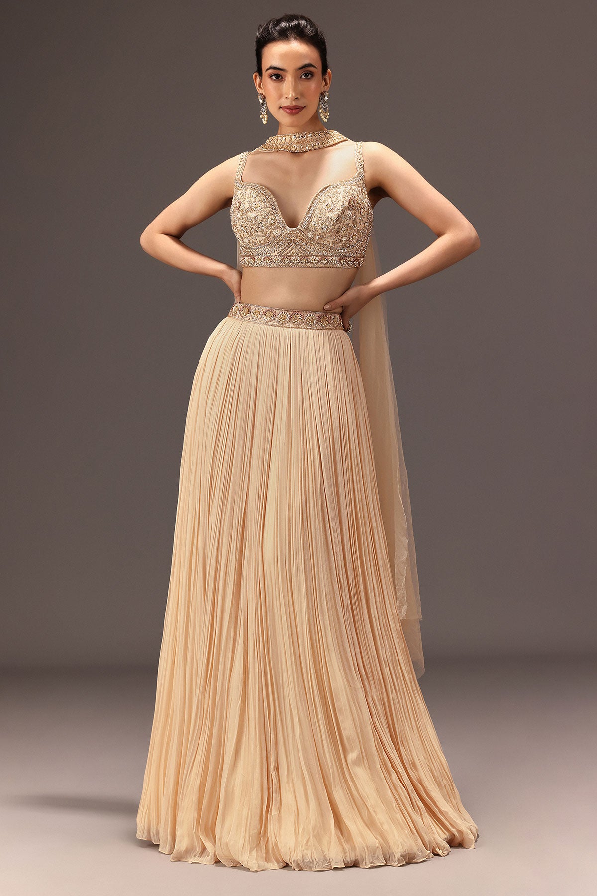 Cream Ruched Lehenga Set With Hand Embroidery