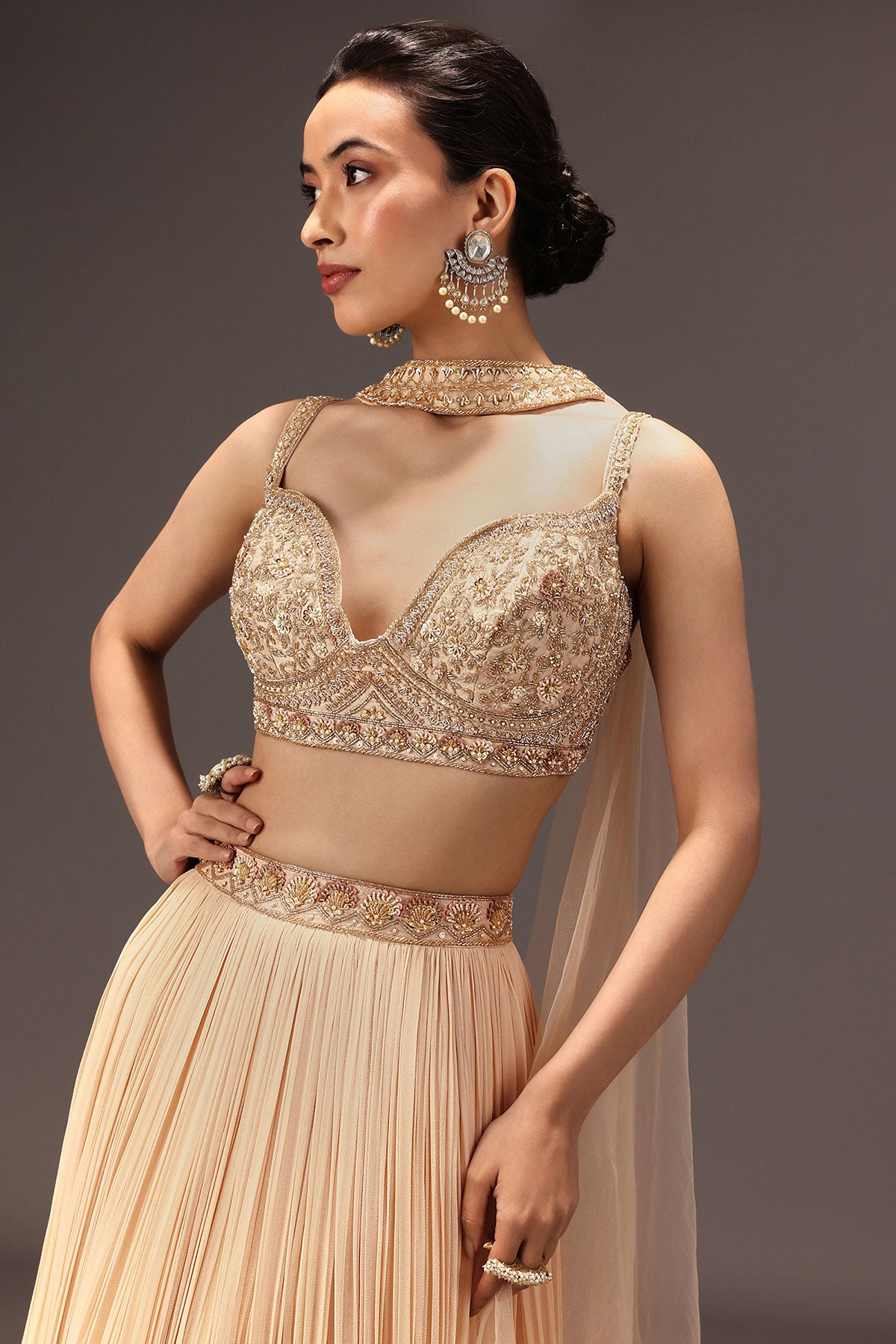 Cream Ruched Lehenga Set With Hand Embroidery