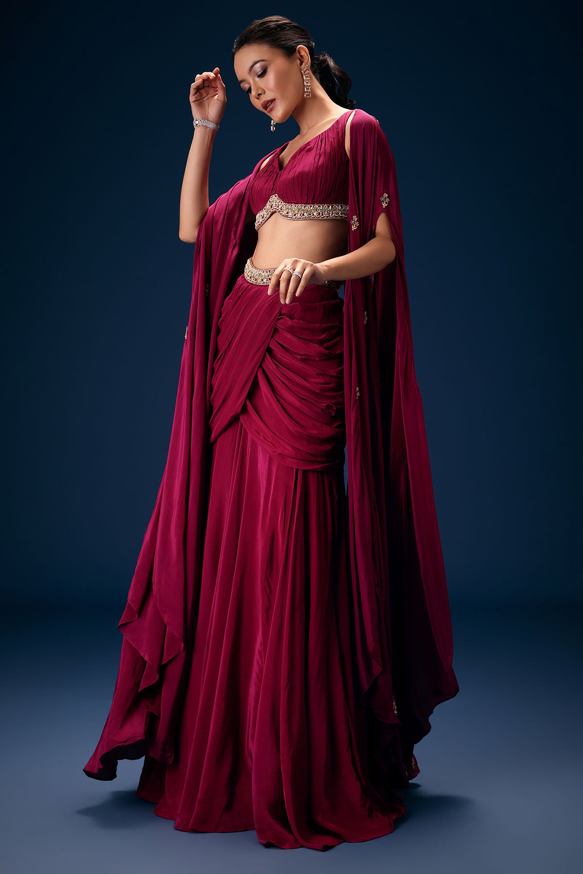 Magenta Fish Cut Draped Skirt With Hand Embroidered Blouse And Choker Dupatta