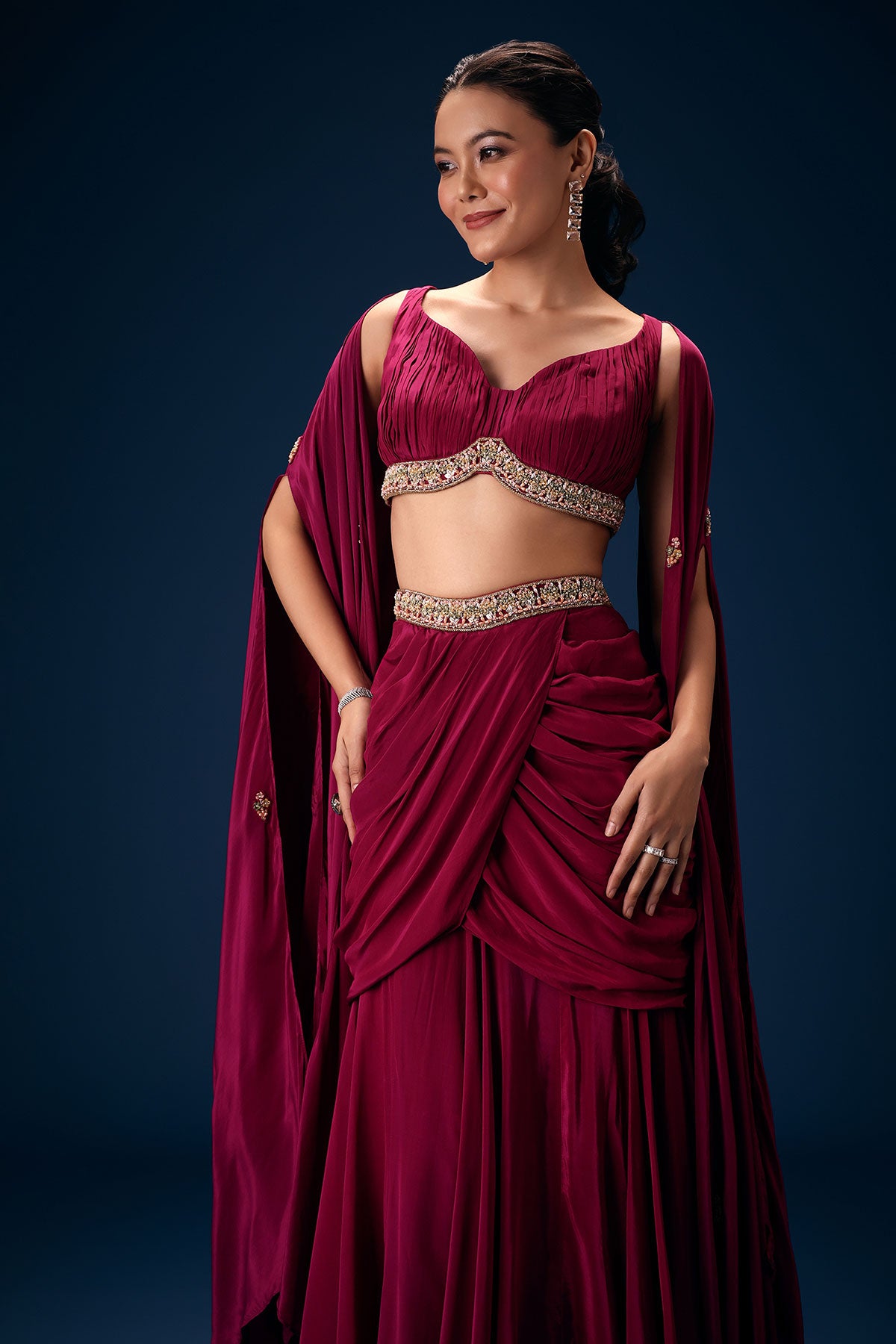 Magenta Fish Cut Draped Skirt With Hand Embroidered Blouse And Choker Dupatta