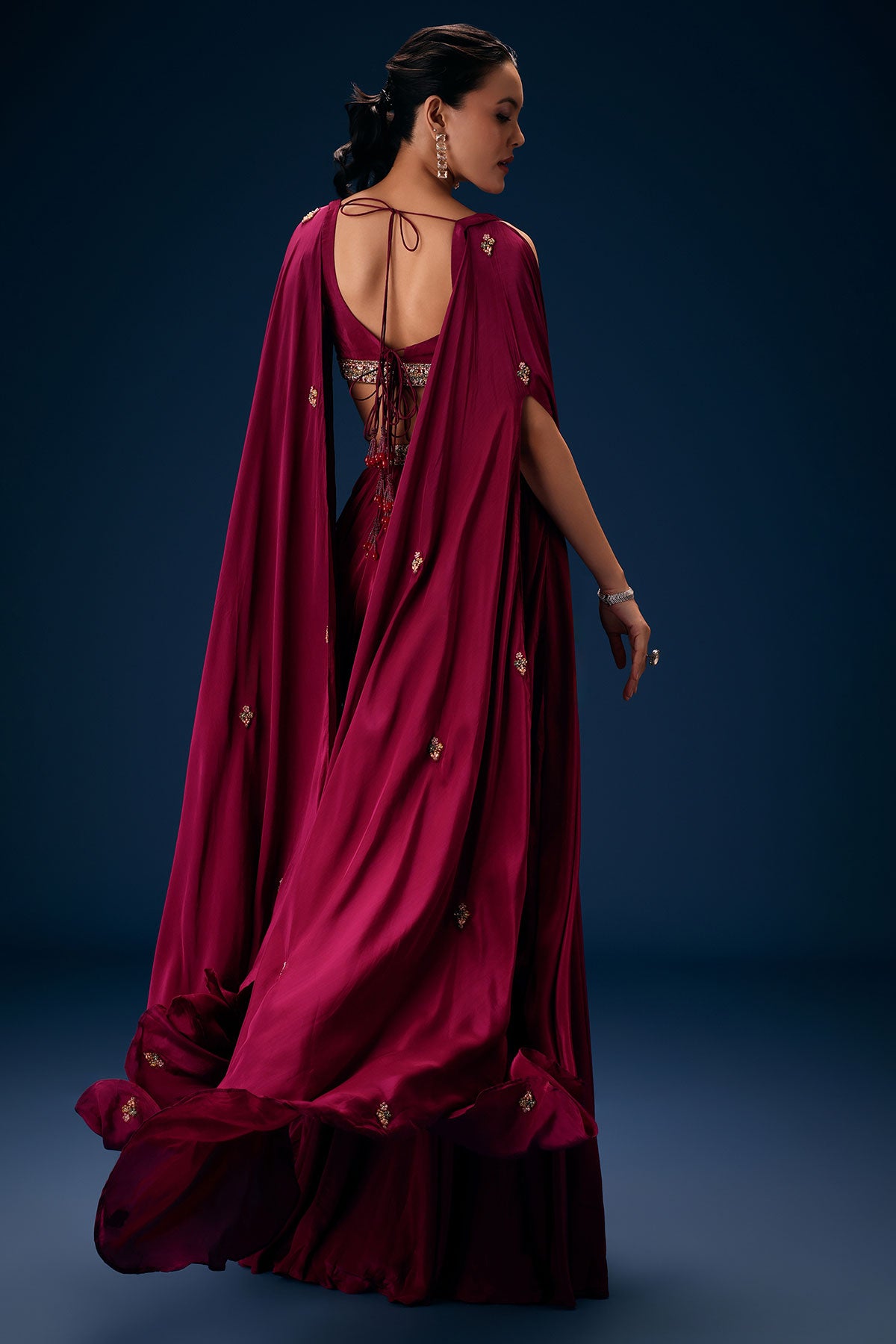 Magenta Fish Cut Draped Skirt With Hand Embroidered Blouse And Choker Dupatta