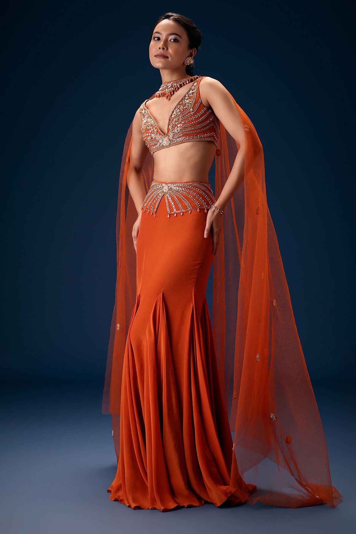 Rust Mermaid Symmetric Belt Skirt With Blouse And Choker