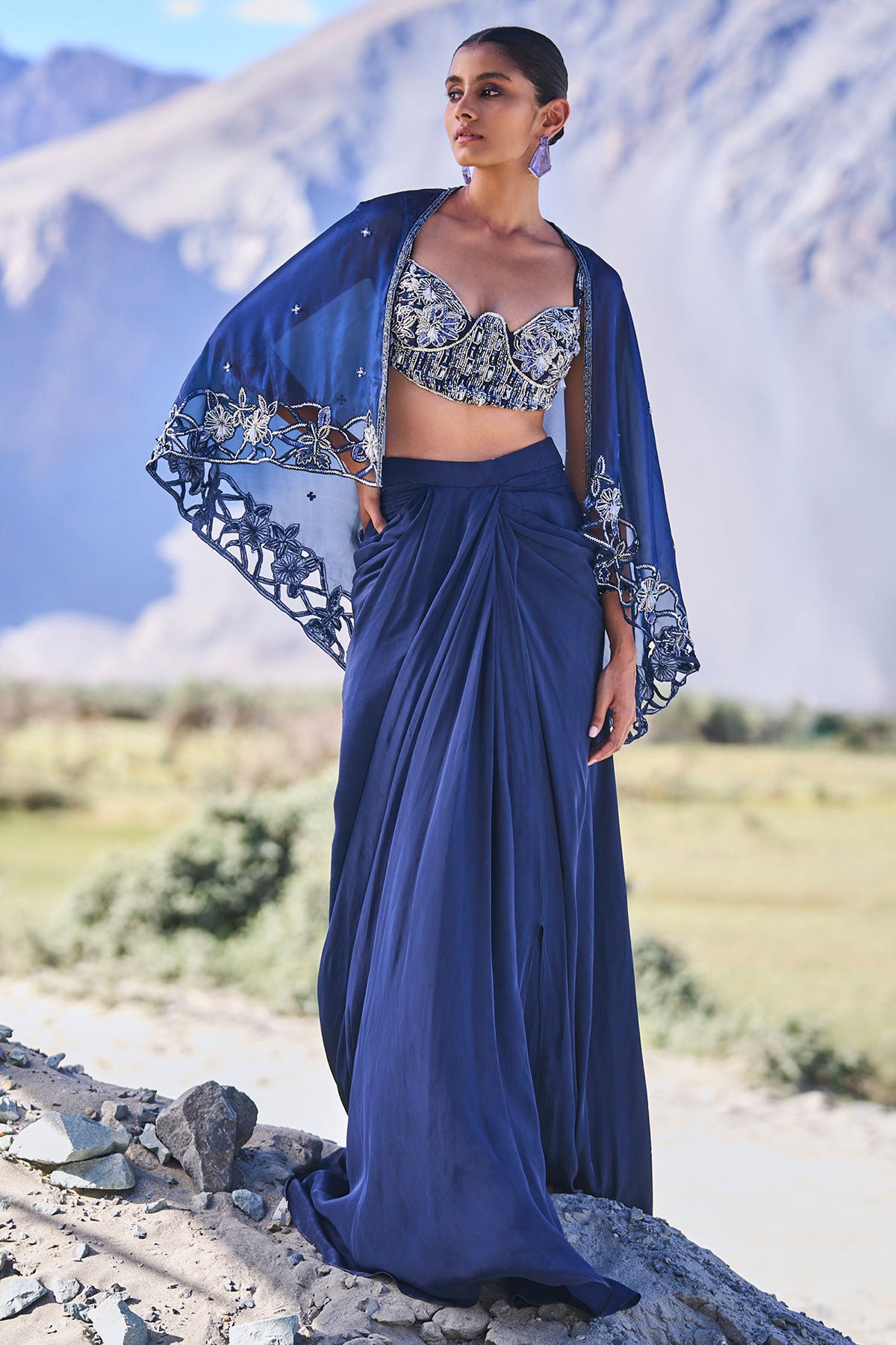 Blue Crepe Draped Skirt With Embroidered Blouse And Cape