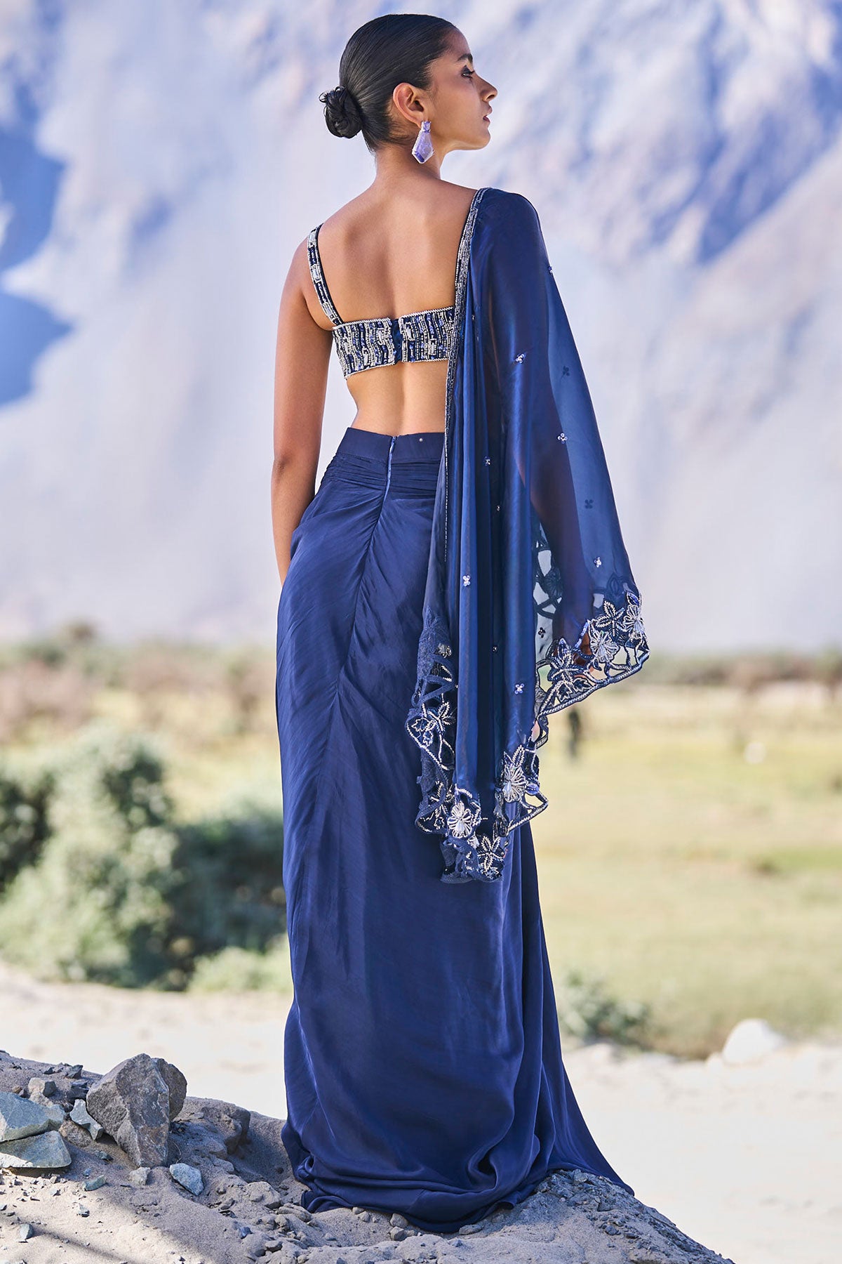 Blue Crepe Draped Skirt With Embroidered Blouse And Cape