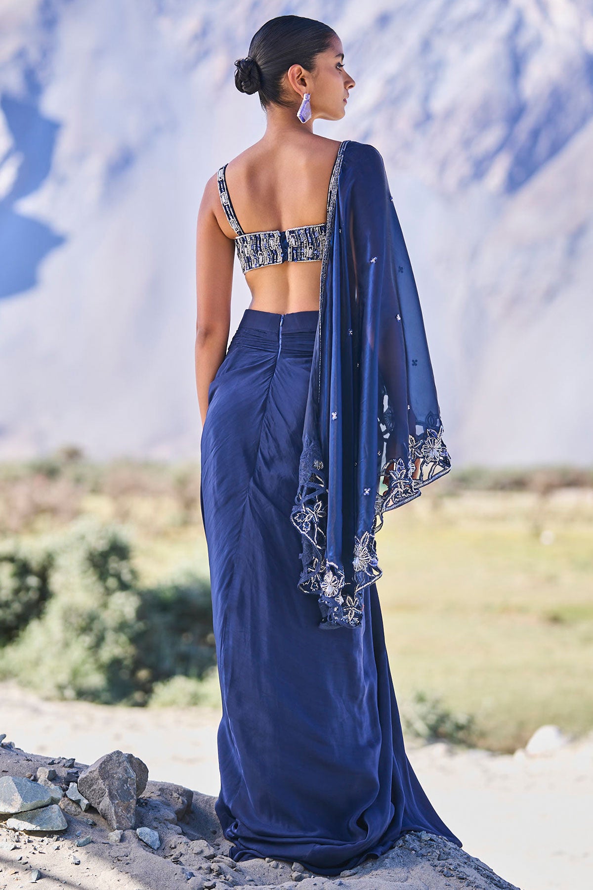 Blue Crepe Draped Skirt With Embroidered Blouse And Cape