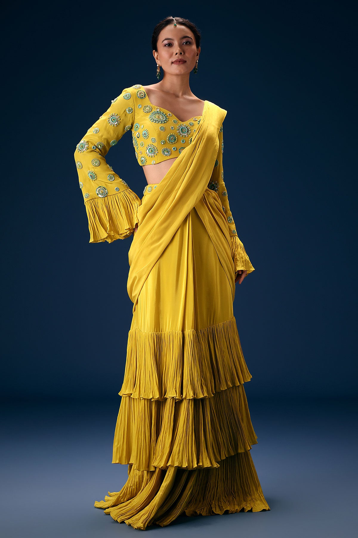 Lime Green Embroidered Blouse With Pre Stitched Saree