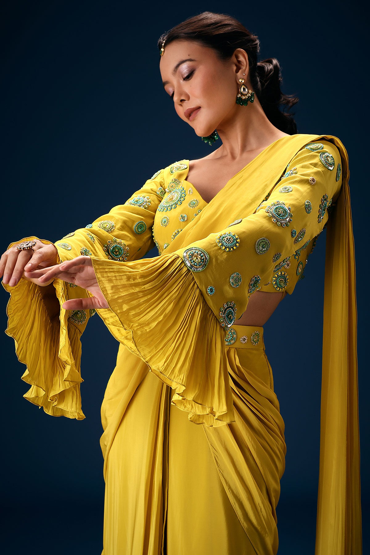 Lime Green Embroidered Blouse With Pre Stitched Saree