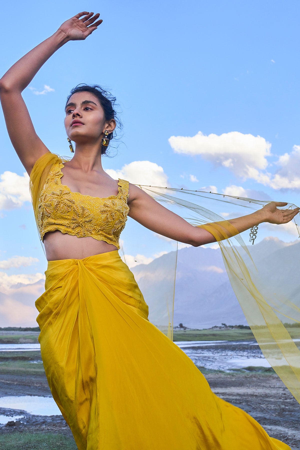 Yellow Pre Draped Skirt With Embroidered Corset Blouse And Cape