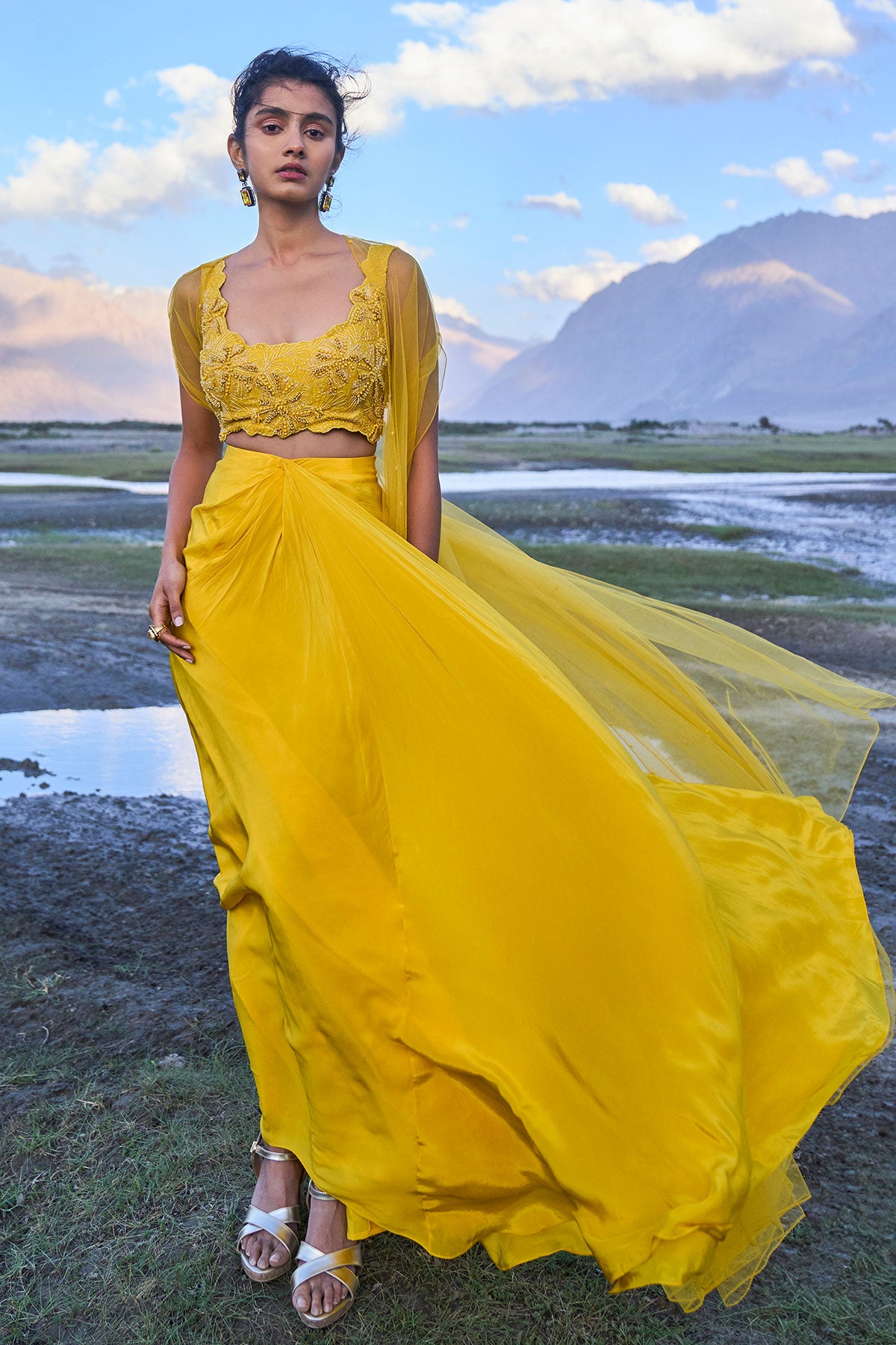Yellow Pre Draped Skirt With Embroidered Corset Blouse And Cape