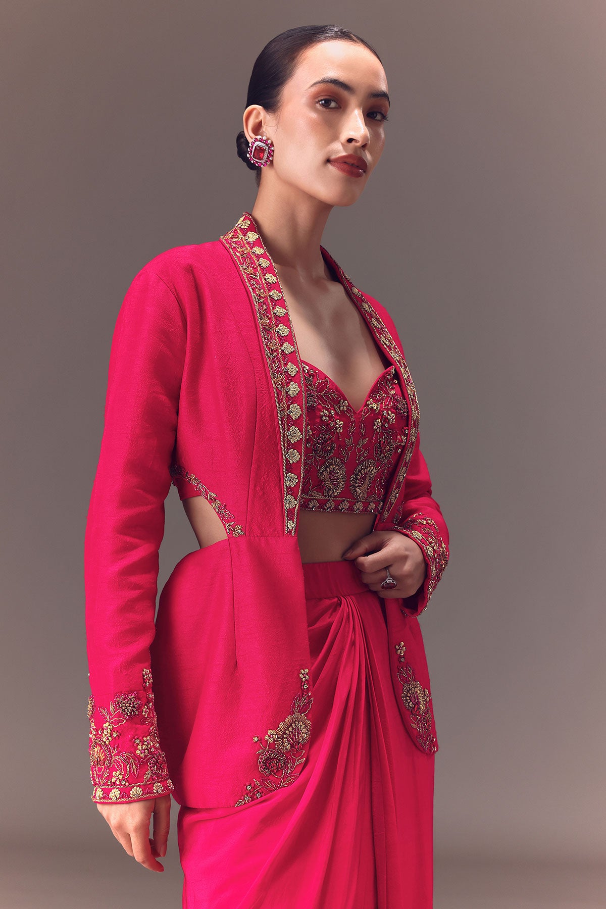 Hot Pink Hand Embellished Blouse With Jacket And Draped Skirt