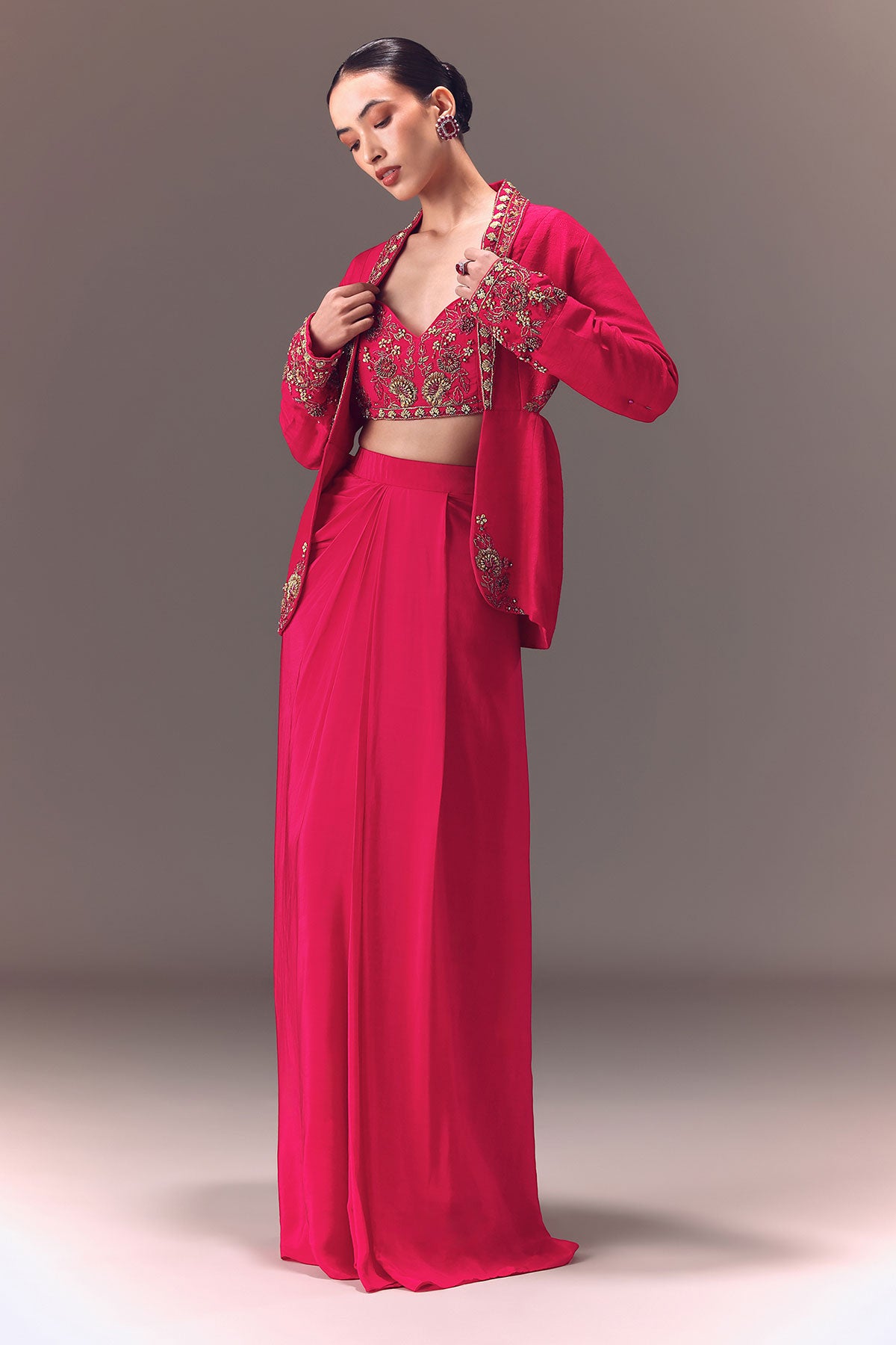 Hot Pink Hand Embellished Blouse With Jacket And Draped Skirt