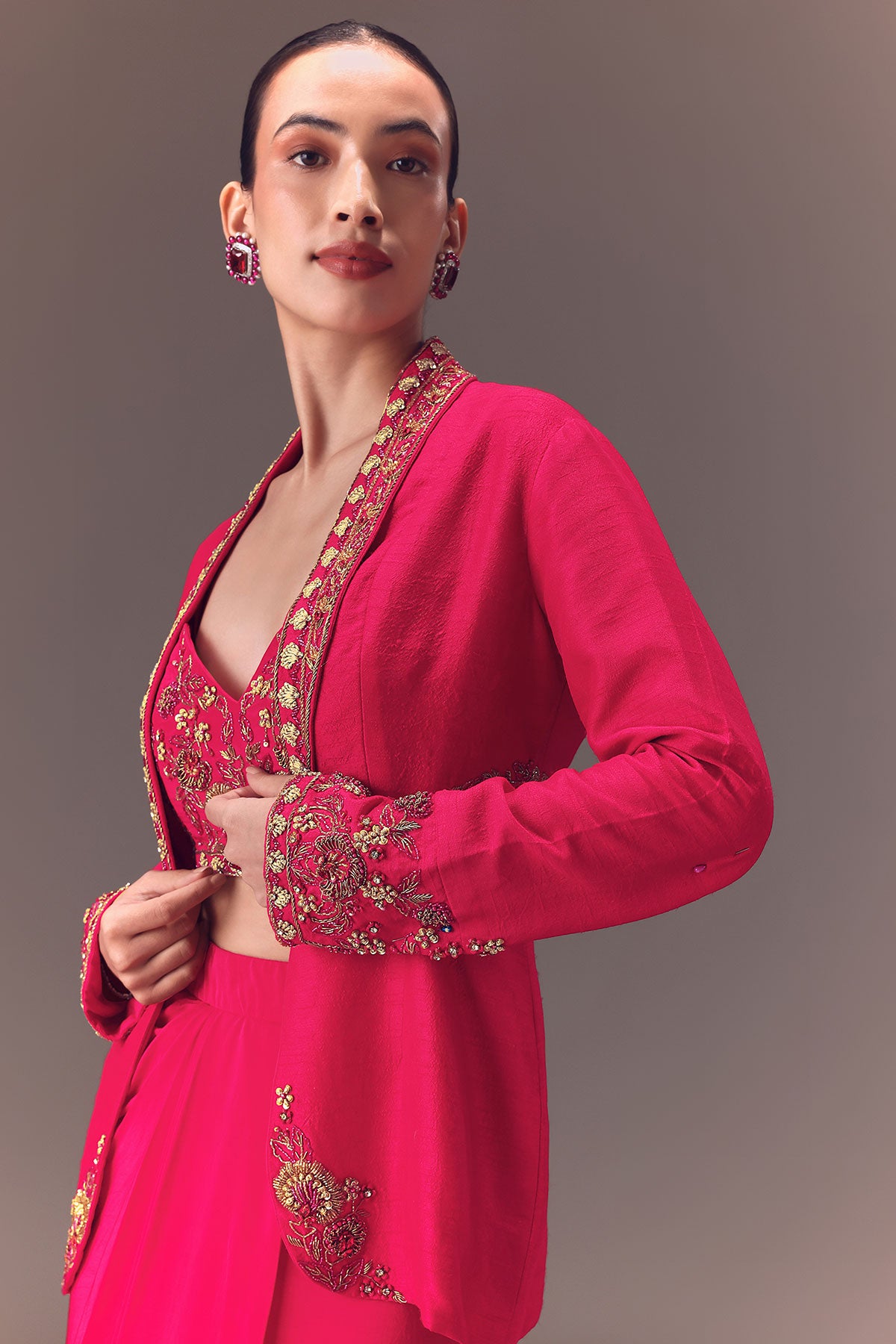 Hot Pink Hand Embellished Blouse With Jacket And Draped Skirt