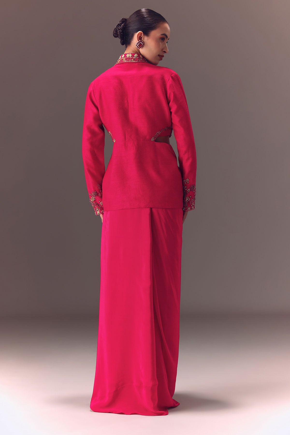 Hot Pink Hand Embellished Blouse With Jacket And Draped Skirt