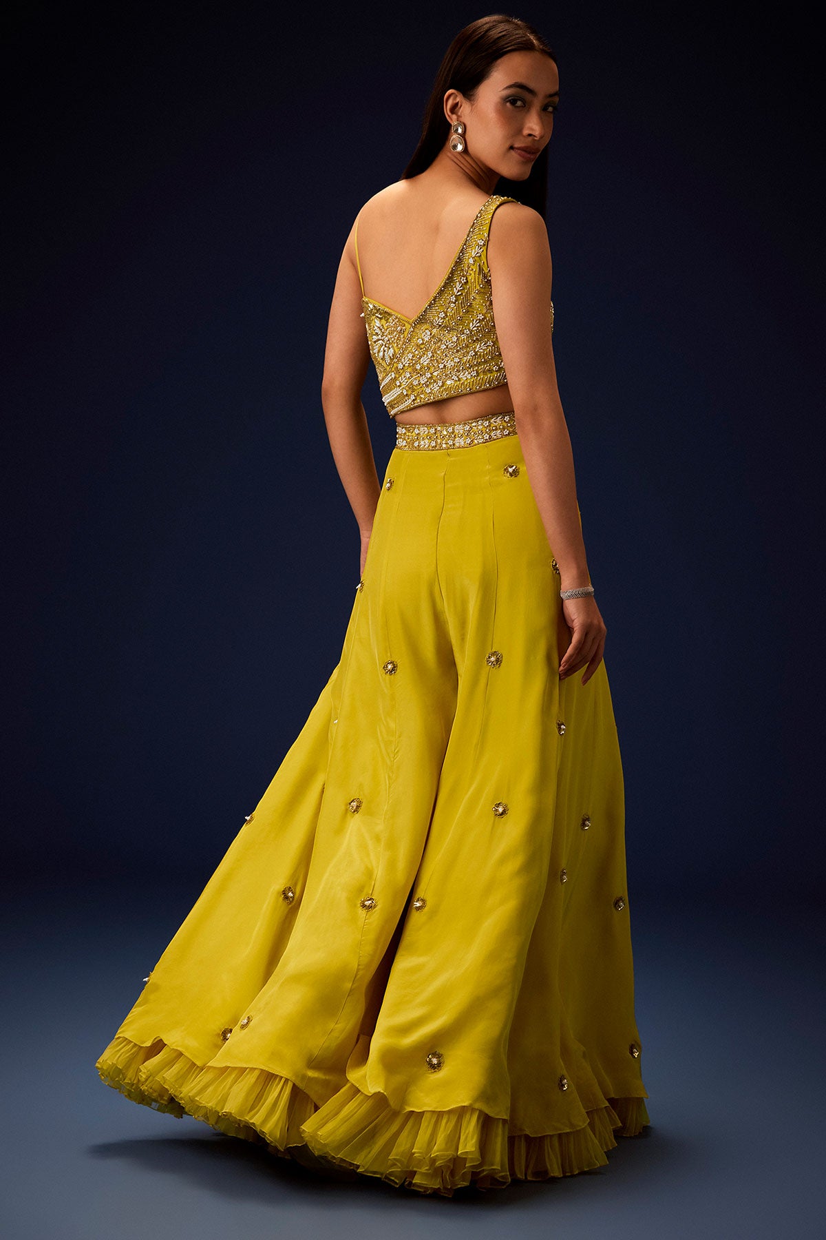 Sunglow Mustard Hand Embroidered Double Layer Frill Jumpsuit
