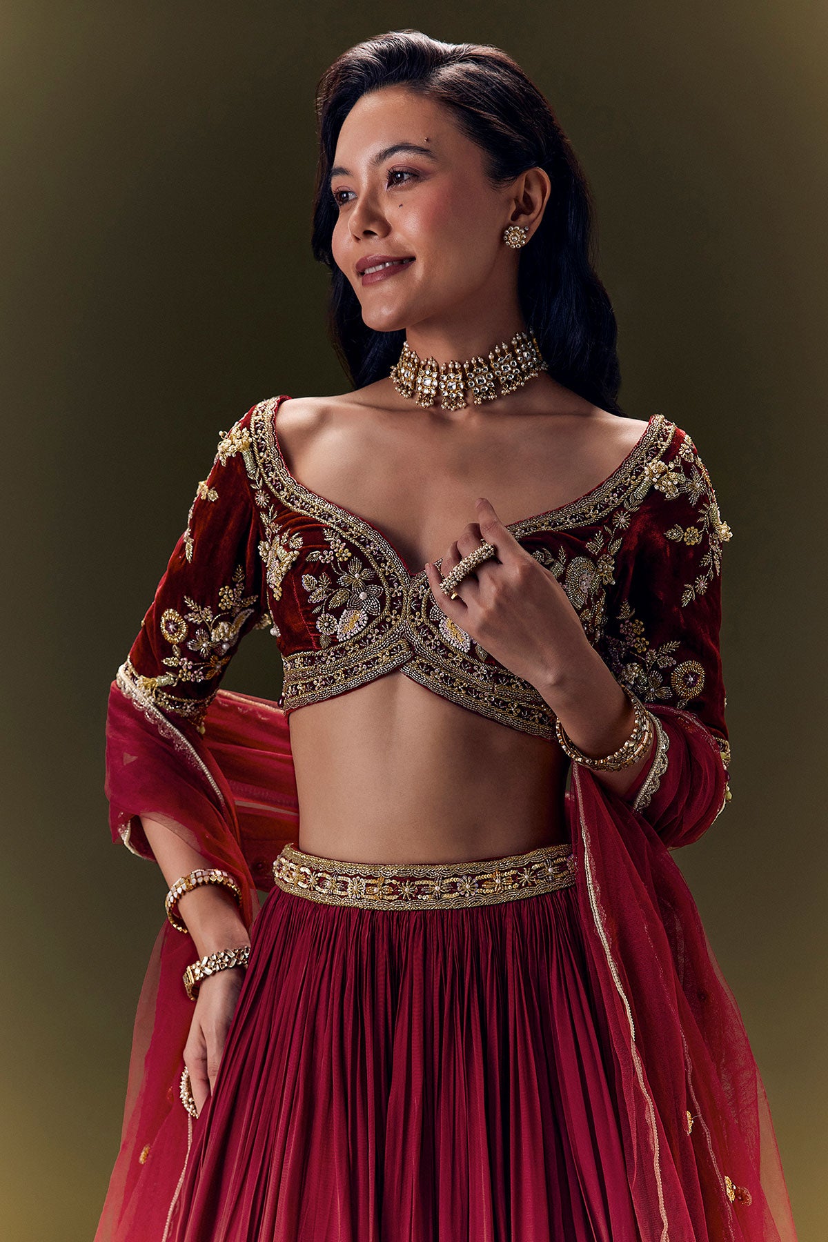 Maroon Crepe Velvet Lehenga Set With Cross Body Blouse