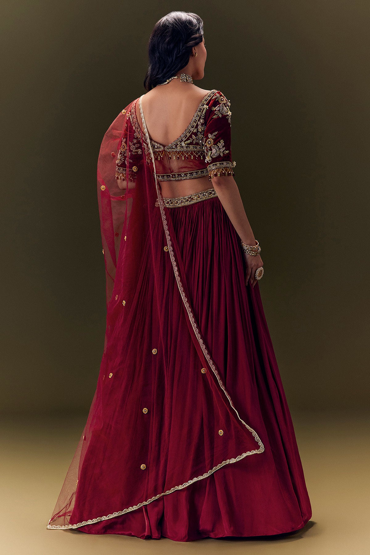 Maroon Crepe Velvet Lehenga Set With Cross Body Blouse