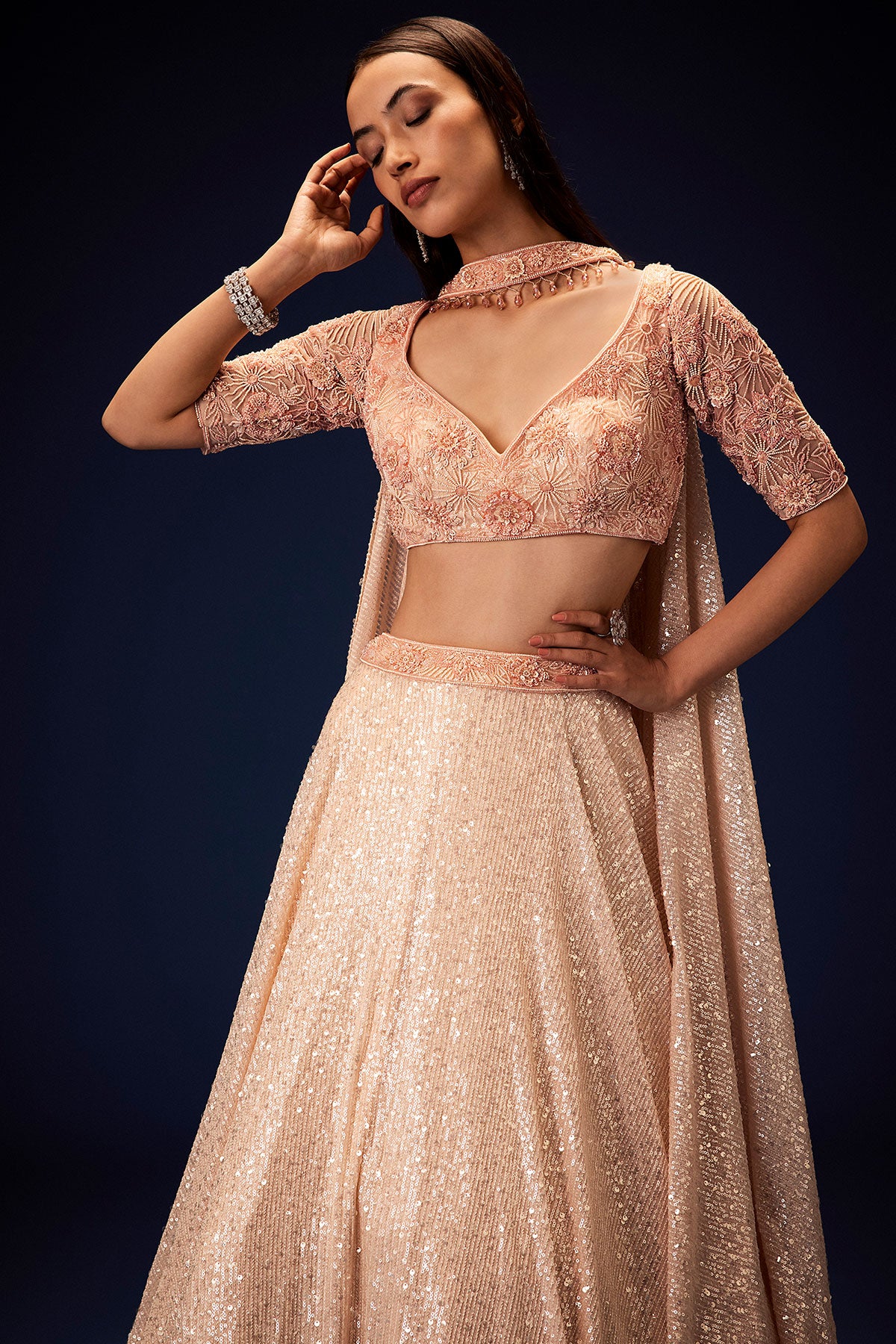 Salmon Peach Hand Embroidered Double Layer Sequence Lehenga With Frill