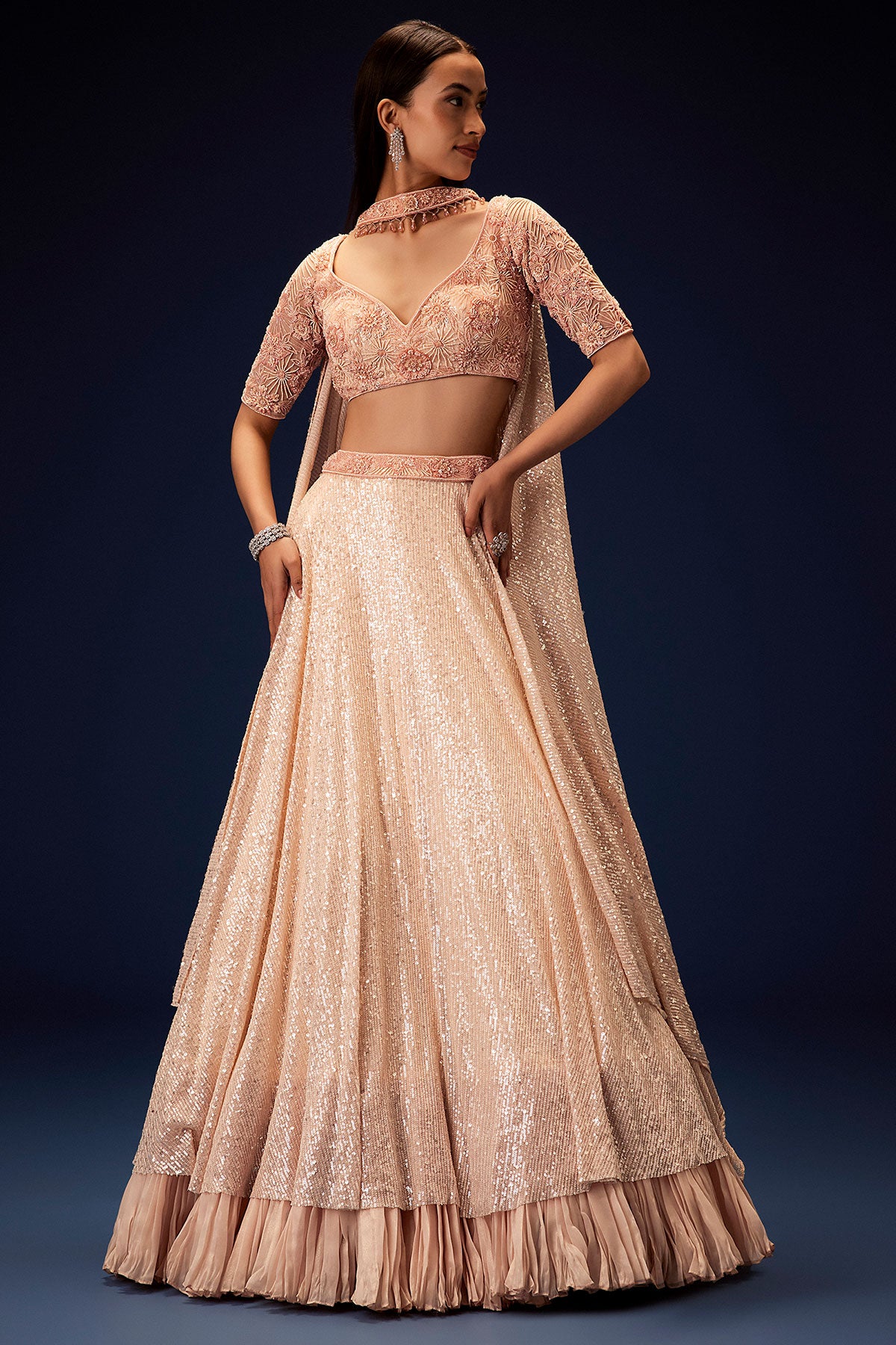 Salmon Peach Hand Embroidered Double Layer Sequence Lehenga With Frill