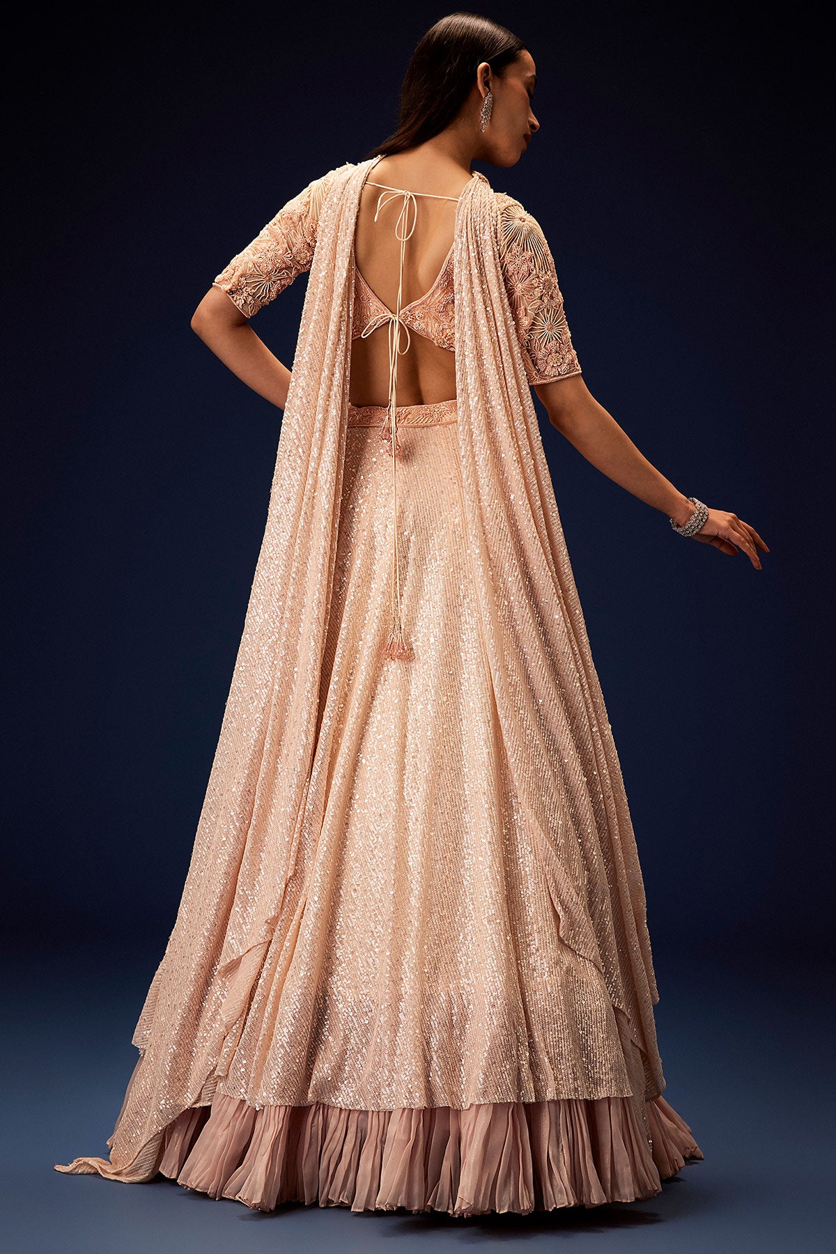 Salmon Peach Hand Embroidered Double Layer Sequence Lehenga With Frill