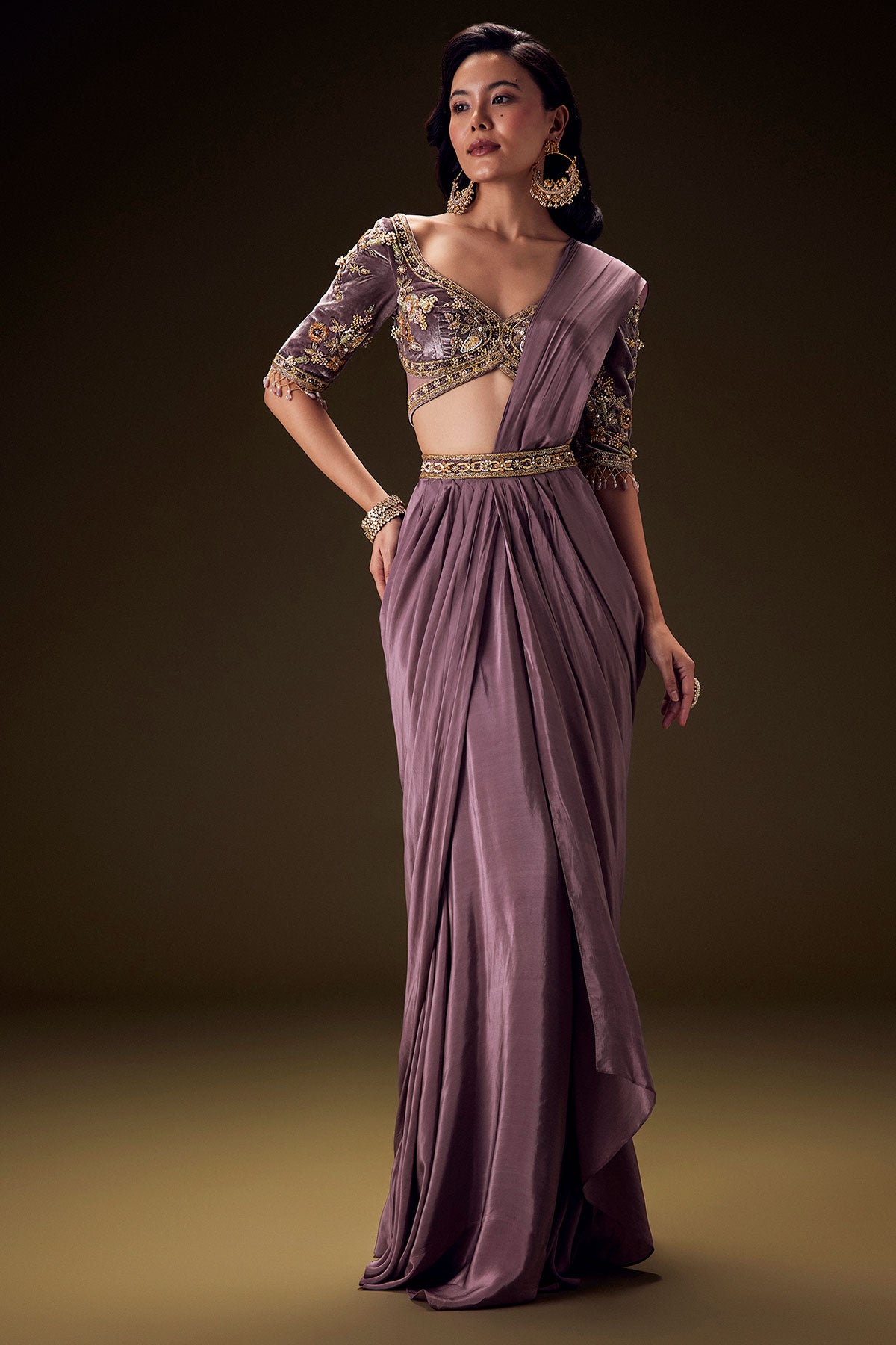 Dahlia Purple Ready To Wear Saree With Hand Embroided Belt Hand Velvet Blouse