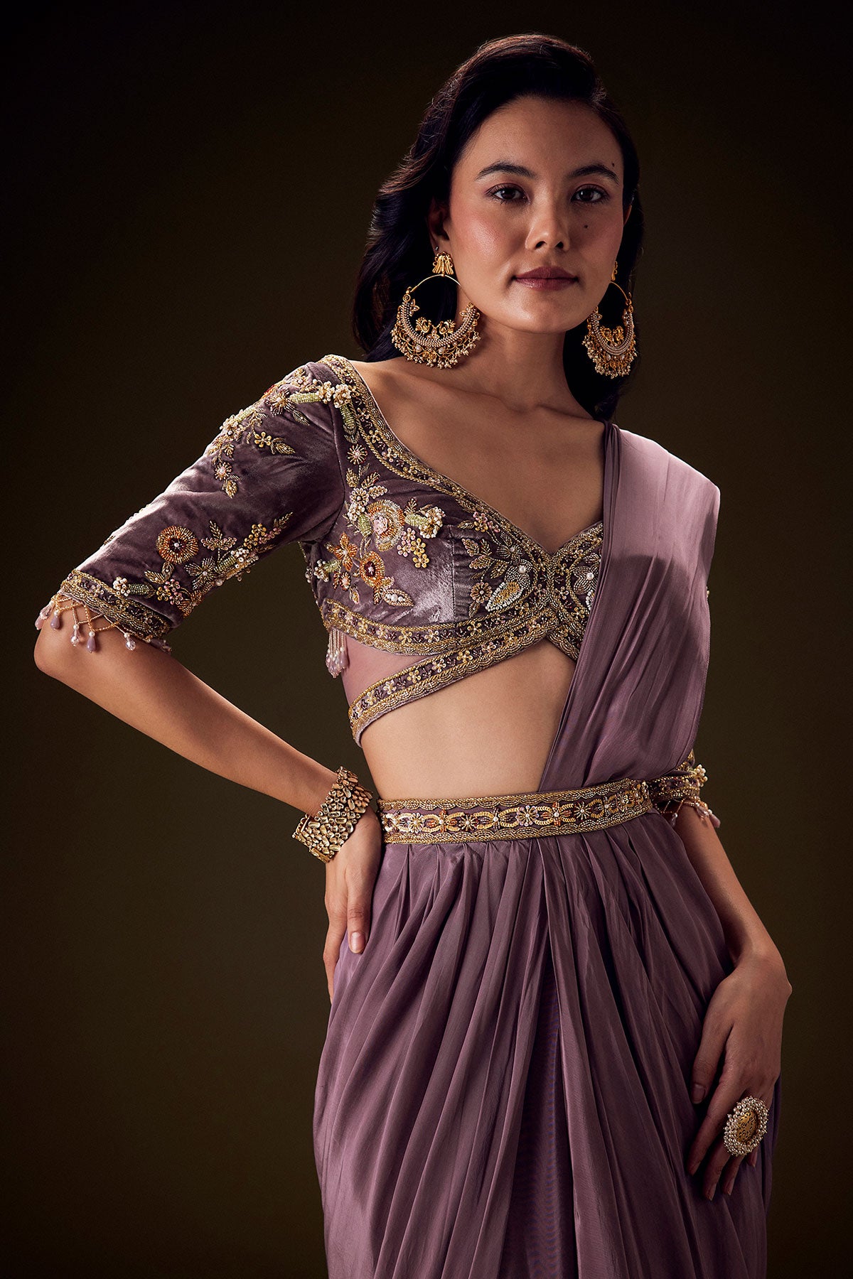 Dahlia Purple Ready To Wear Saree With Hand Embroided Belt Hand Velvet Blouse
