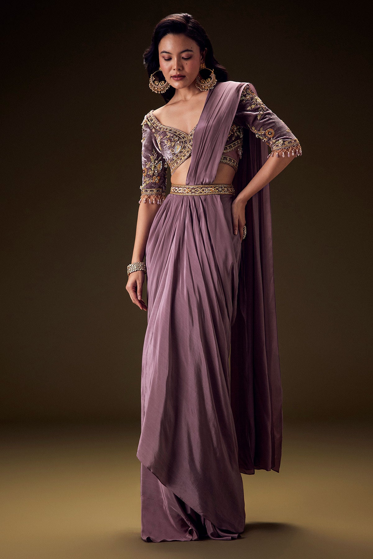 Dahlia Purple Ready To Wear Saree With Hand Embroided Belt Hand Velvet Blouse
