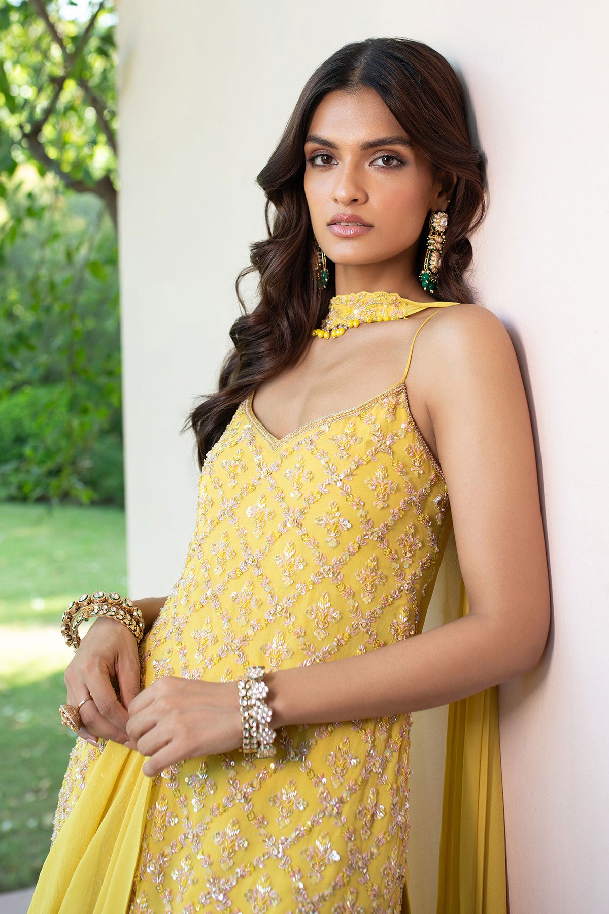 Yellow Sequin Hand Work Sharara Suit With Embroidered Choker Dupatta