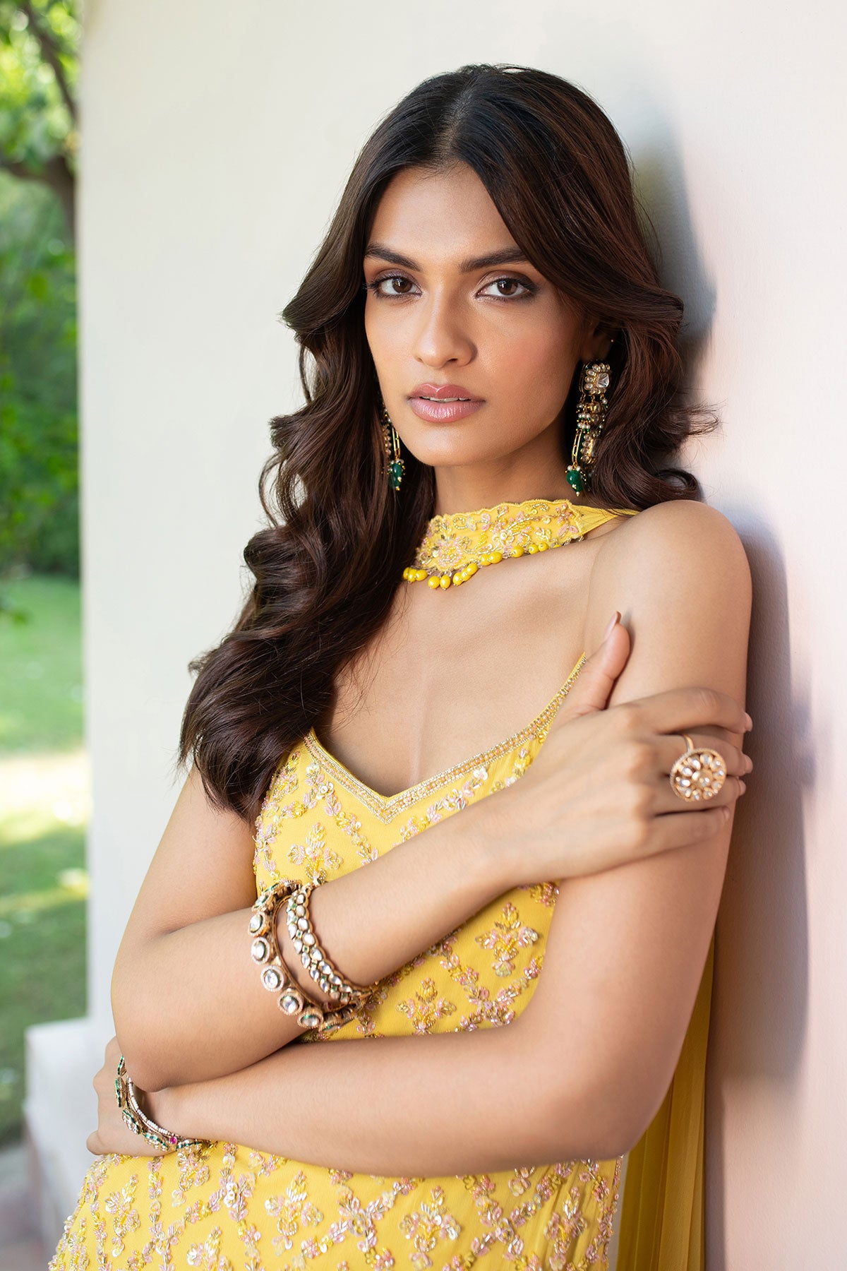 Yellow Sequin Hand Work Sharara Suit With Embroidered Choker Dupatta