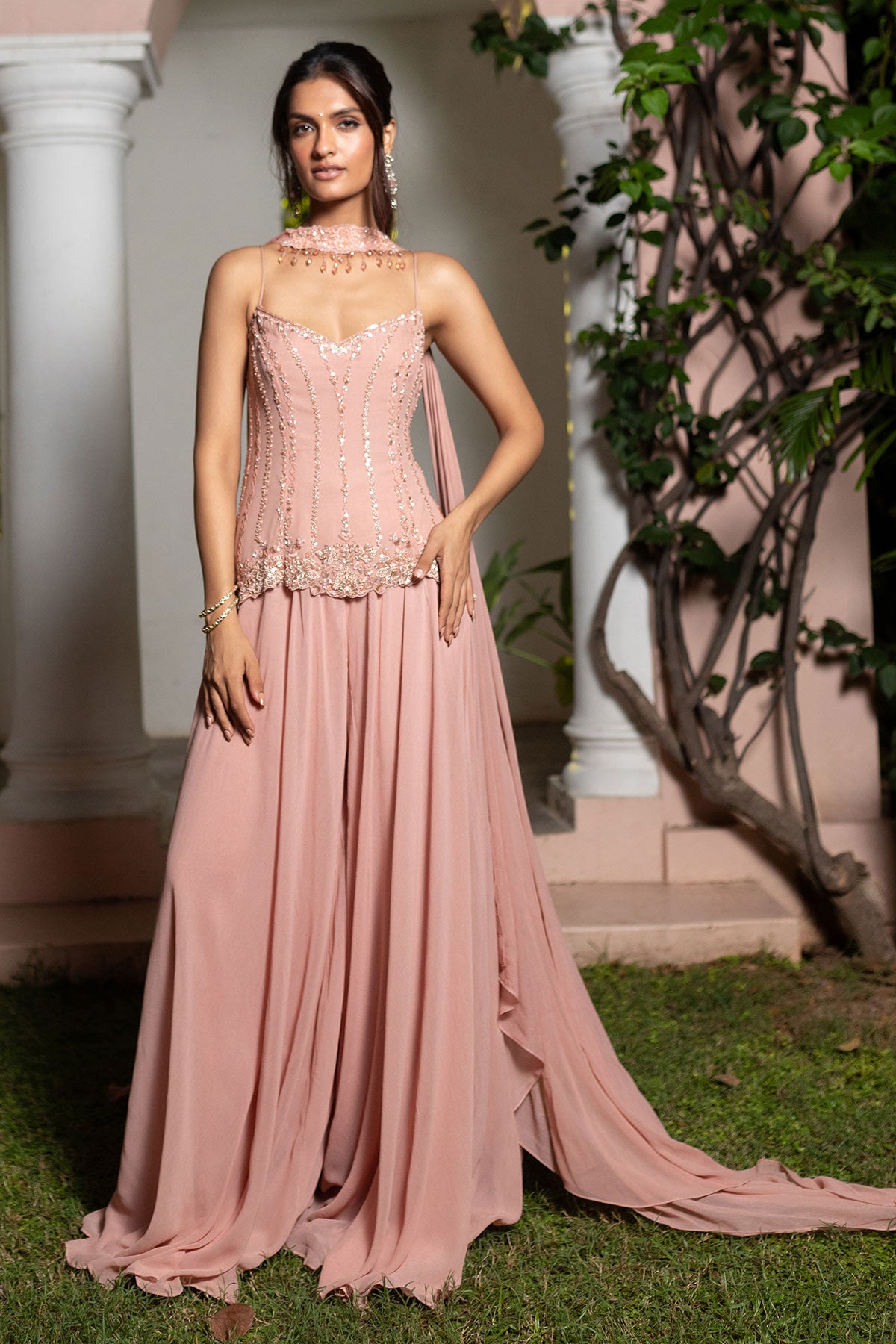 open lace back dress Dusty Pink Hand Embroidered Sharara Suit With Choker Dupatta